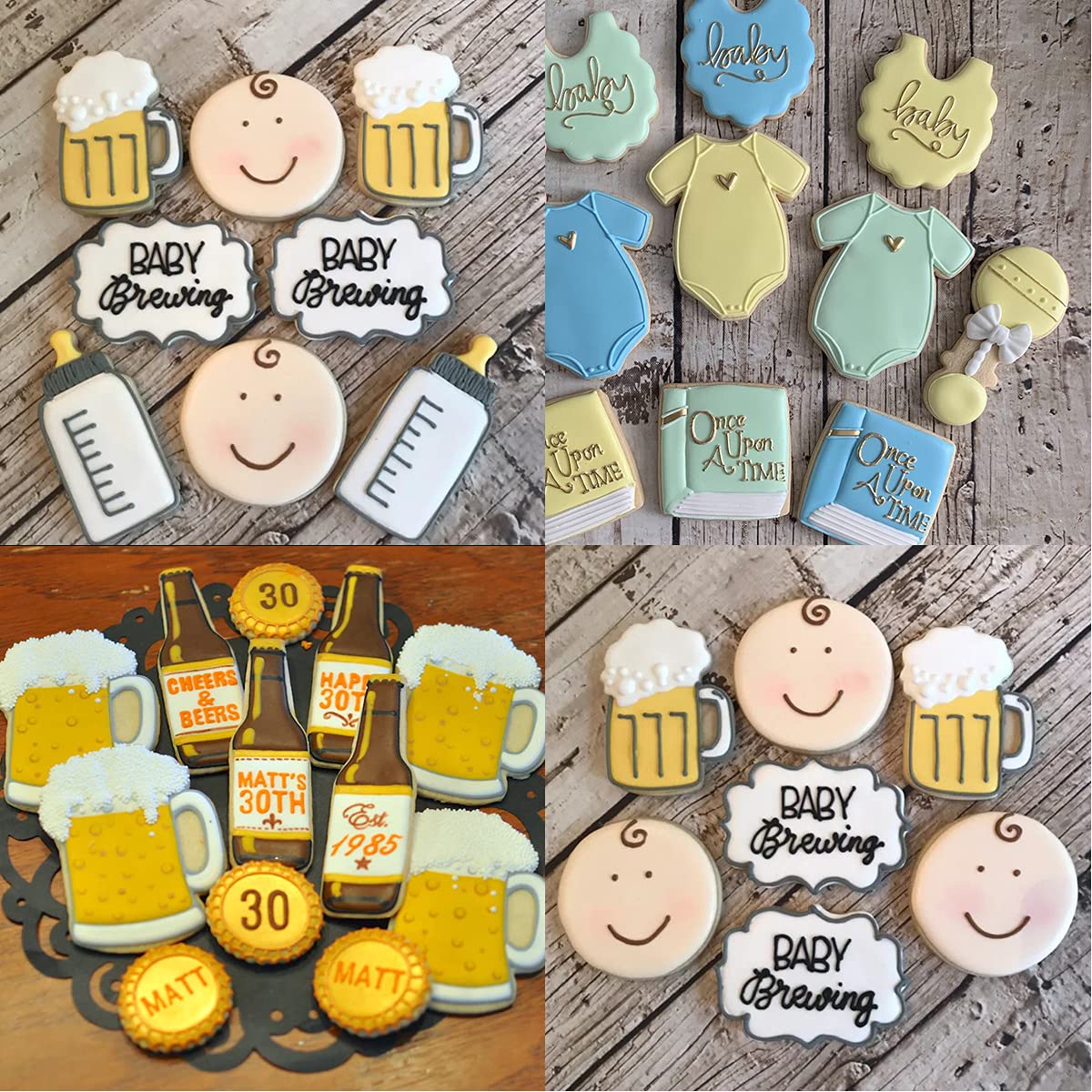 Stainless Steel Beer Themed Cookie Cutters Set - Baby Brewing Beer Mug, Bottle, Onesie, Rattle & Photo Plaques - Dough & Fondant Biscuit Molds for Baby Showers, Birthdays & Baking Parties