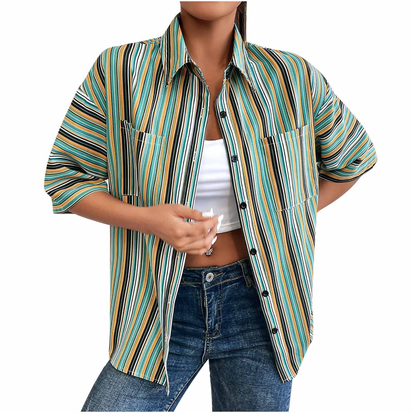 Colorful Striped Short Sleeve Women's Casual Button Down Shirt - Breathable Lapel Open Tops for Summer, Work & Outdoor Activities | Trendy Activewear Tee for Women