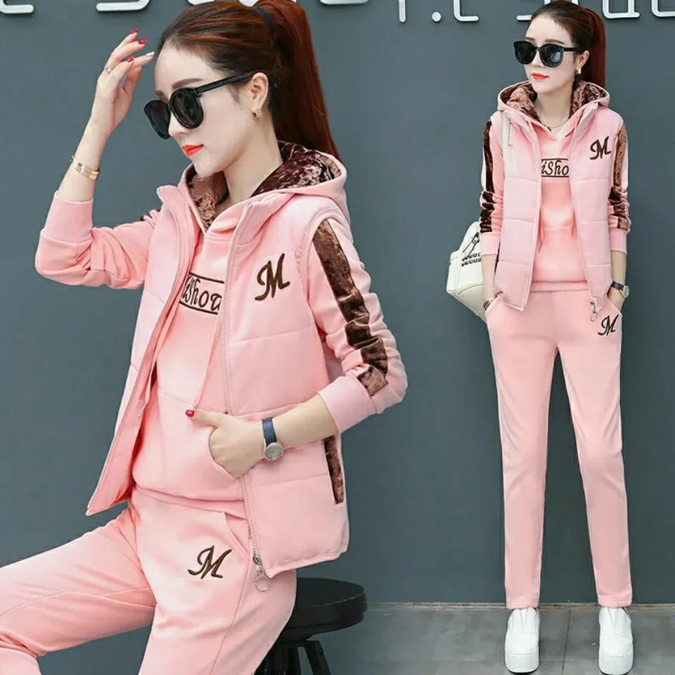 2024 Women's Winter Warm 3-Piece Tracksuit Set - Thick Fleece Hoodie, Waistcoat & Pants for Casual Outfits | Cozy Fall & Winter Loungewear, Gym, Travel & Everyday Wear