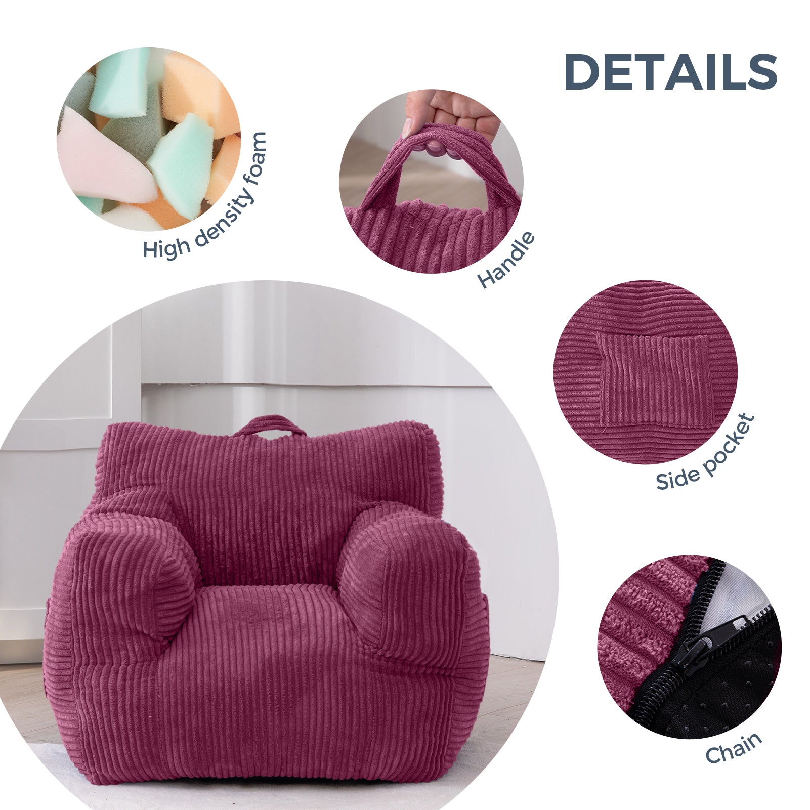 MAXYOYO Kids Bean Bag Chair - Corduroy Bean Bag Couch with Armrests for Children's Room, Nursery & Playroom (Rose Pink) - Perfect for Reading, Gaming & Relaxing