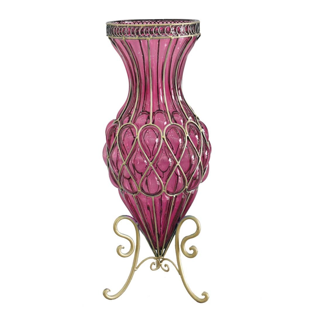 65cm Purple Glass Tall Floor Vase with Metal Flower Stand - Elegant Home Decor for Living Room, Bedroom & Wedding Centerpieces