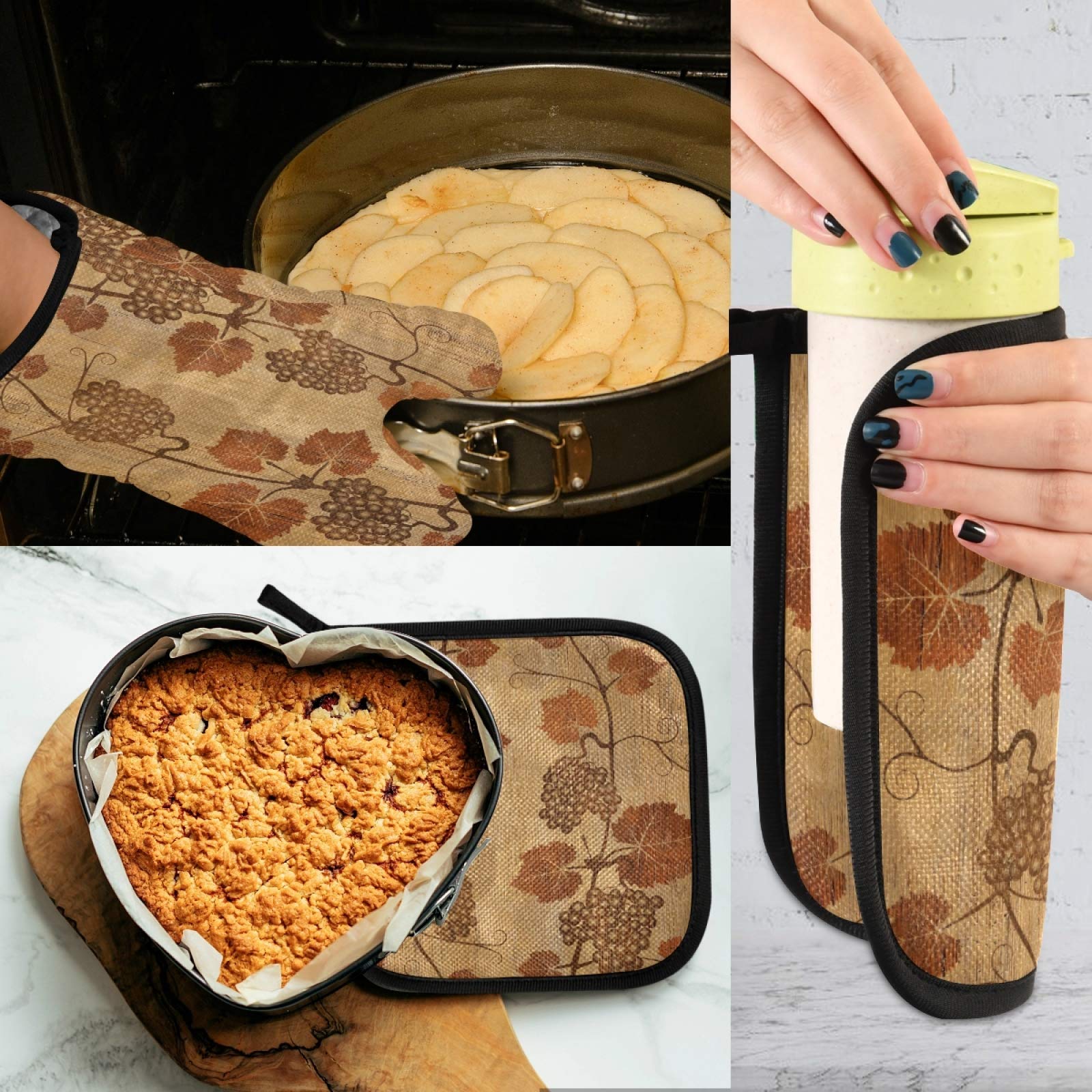 Retro Grape Leaf Non-Slip Heat Resistant Oven Mitts & Pot Holders Set - Polyester Kitchen Baking Gloves for Hand & Wrist Protection - Perfect for Baking, Cooking, Grilling & Serving Hot Dishes