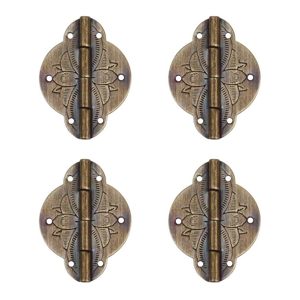 4Pcs Antique Brass Small Hinges - Pure Copper Cabinet Hinges for Furniture, Drawer, Door, Gift Box & Jewelry Box - Vintage Embossing Design for DIY Projects & Home Decor