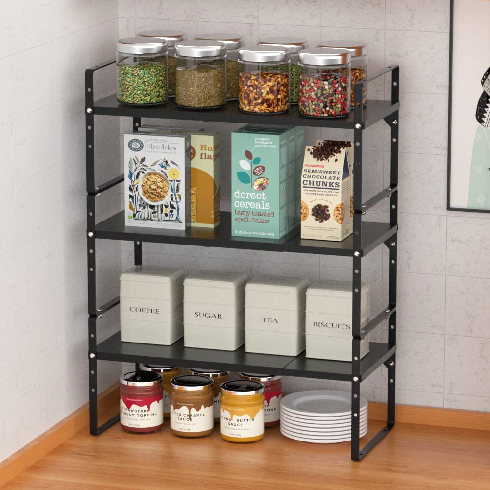 Expandable Kitchen Cabinet Organizer - 3 Pack Stackable Shelf for Pantry Storage, Black (16