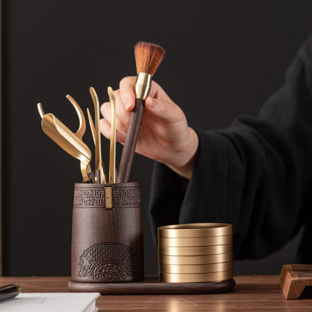 Premium Ebony Wood Tea Set with Coaster - Traditional Japanese Tea Ceremony Accessories for Home & Office Use