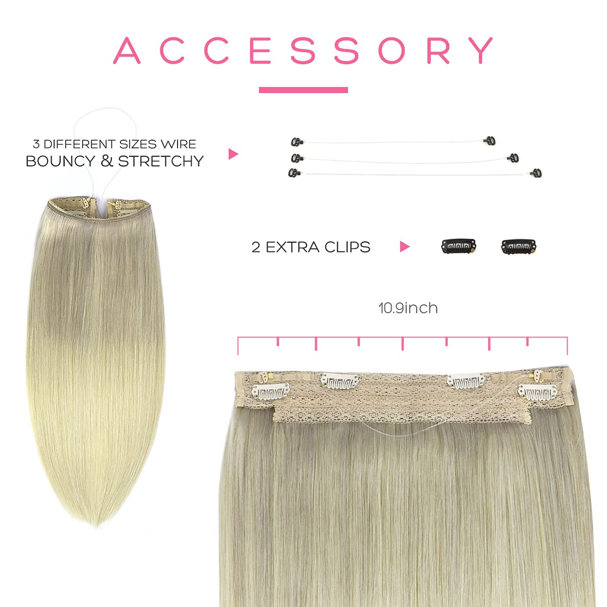 Marat 20-Inch 110g Wire Hair Extensions - Ash Blonde, Golden Blonde & Platinum Blonde Remy Human Hair with Invisible Fish Line - Natural Looking Extensions for Daily Wear, Parties & Special Occasions