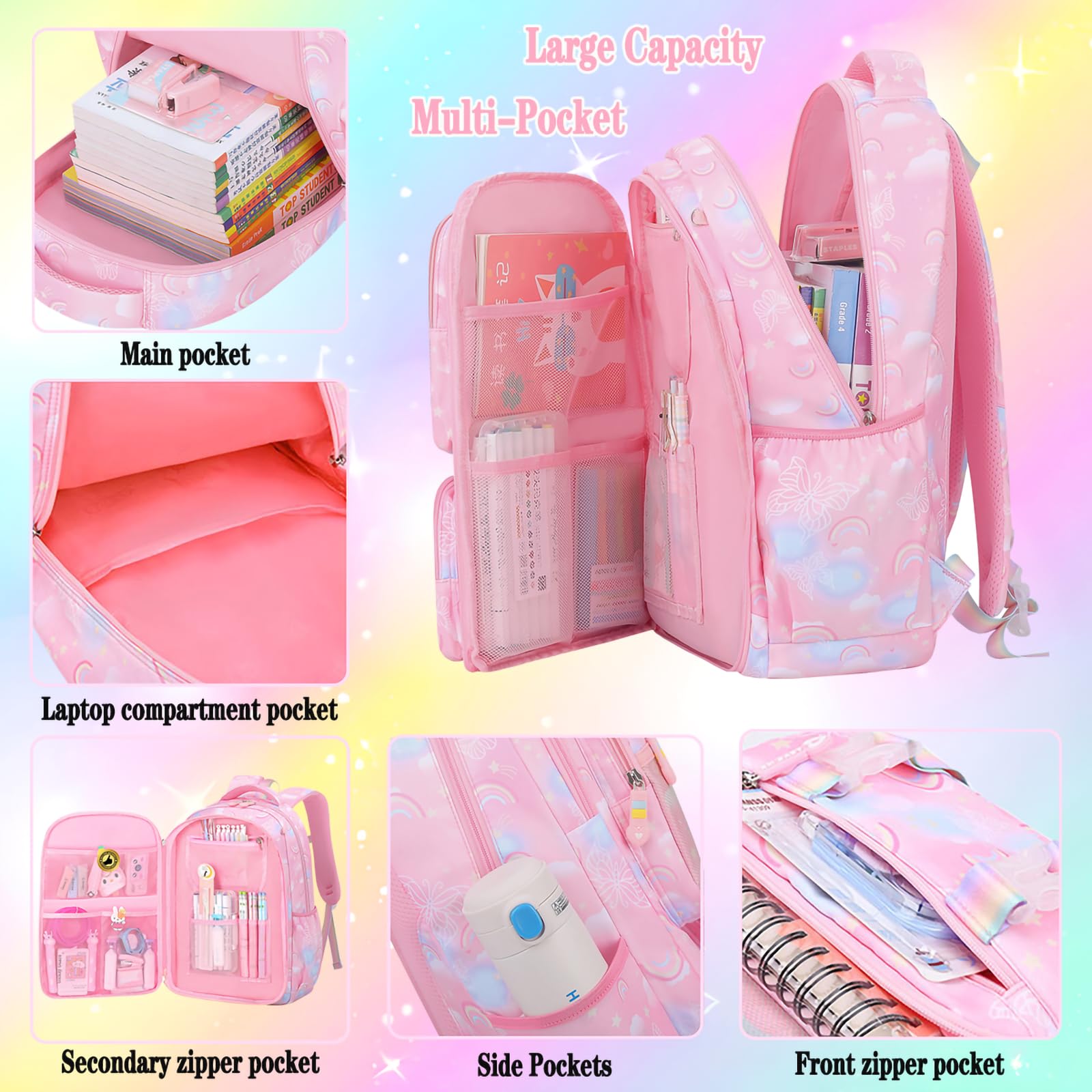 3pcs Girls Backpack Set - Cute Rainbow School Backpack for Kids with Matching Pencil Case (Pink) | Lightweight Durable Backpacks for School, Travel & Daily Use