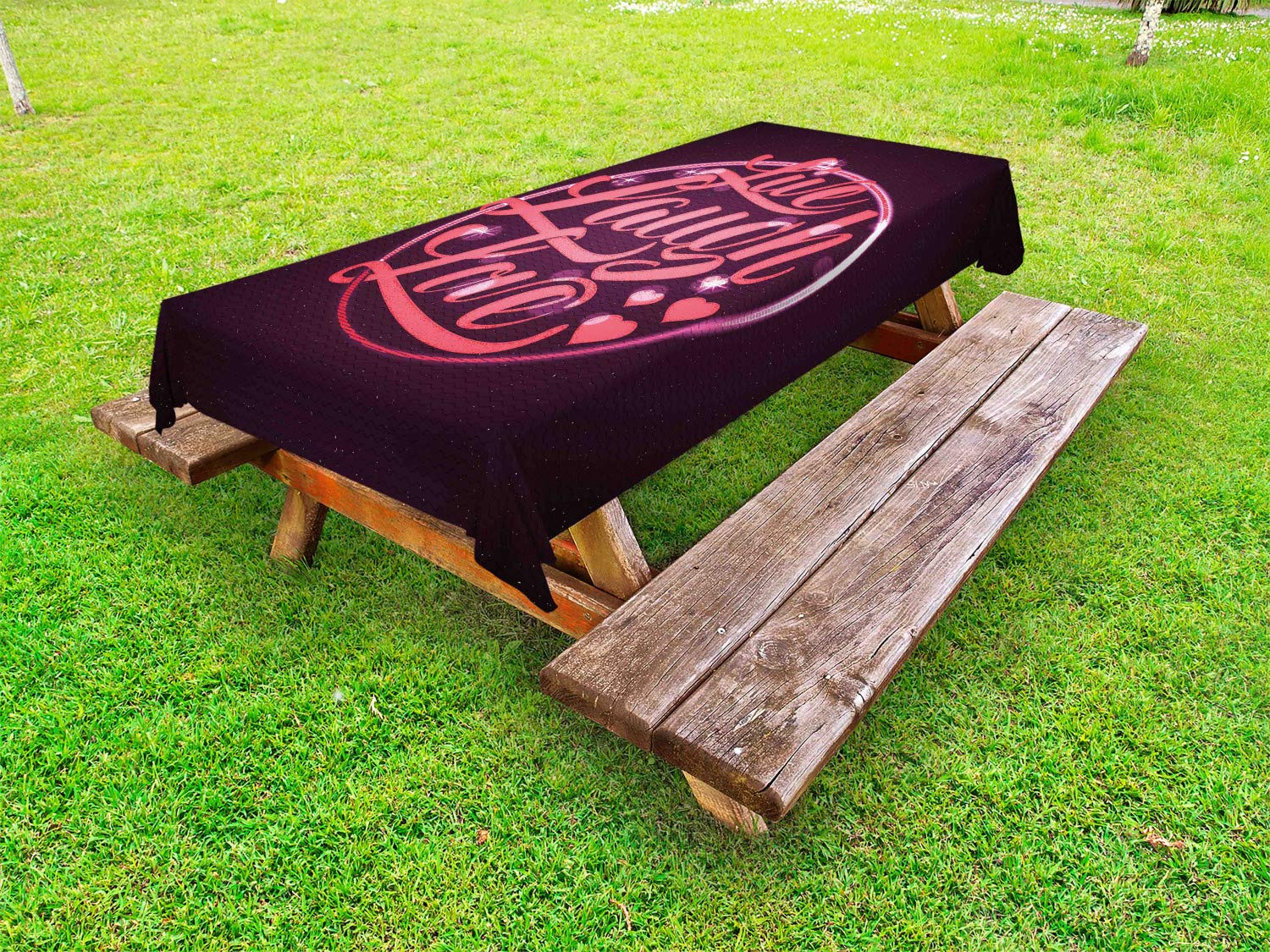 Ambesonne Live Laugh Love Washable Picnic Tablecloth - 58x104 Inch Waterproof Outdoor Table Cover with Hearts & Bokeh Design in Salmon Dark Purple Red - Perfect for BBQs, Garden Parties & Picnics