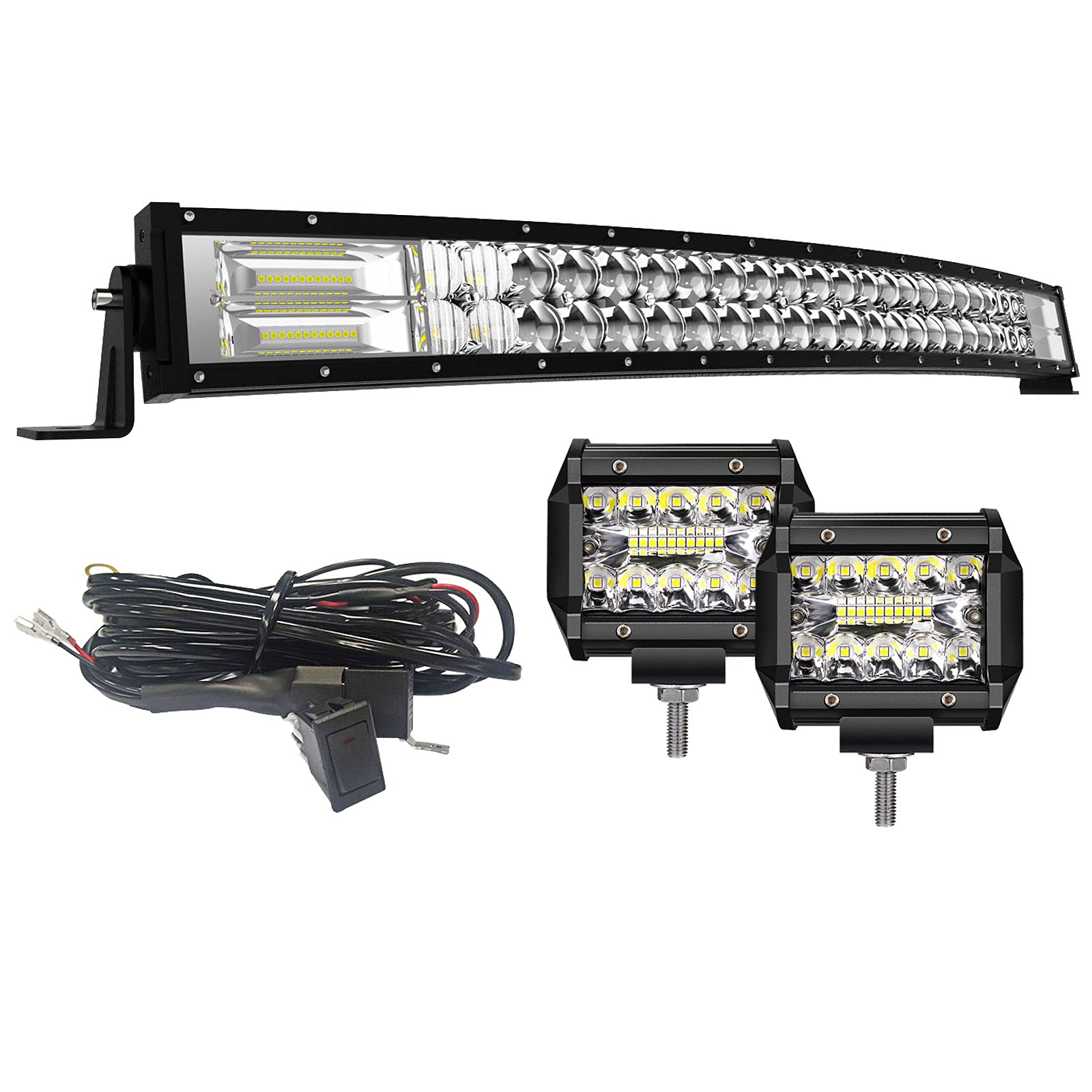 KEENAXIS 32 Inch 180W Curved LED Light Bar with Spot Flood Combo Beam - 2PCS 4 Inch 60W LED Pod Lights & 3-Lead Wiring Harness Kit - for Off-Road Trucks, ATVs, UTVs, SUVs, Jeeps and Boats - Perfect for Night Driving, Camping & Outdoor Adventures