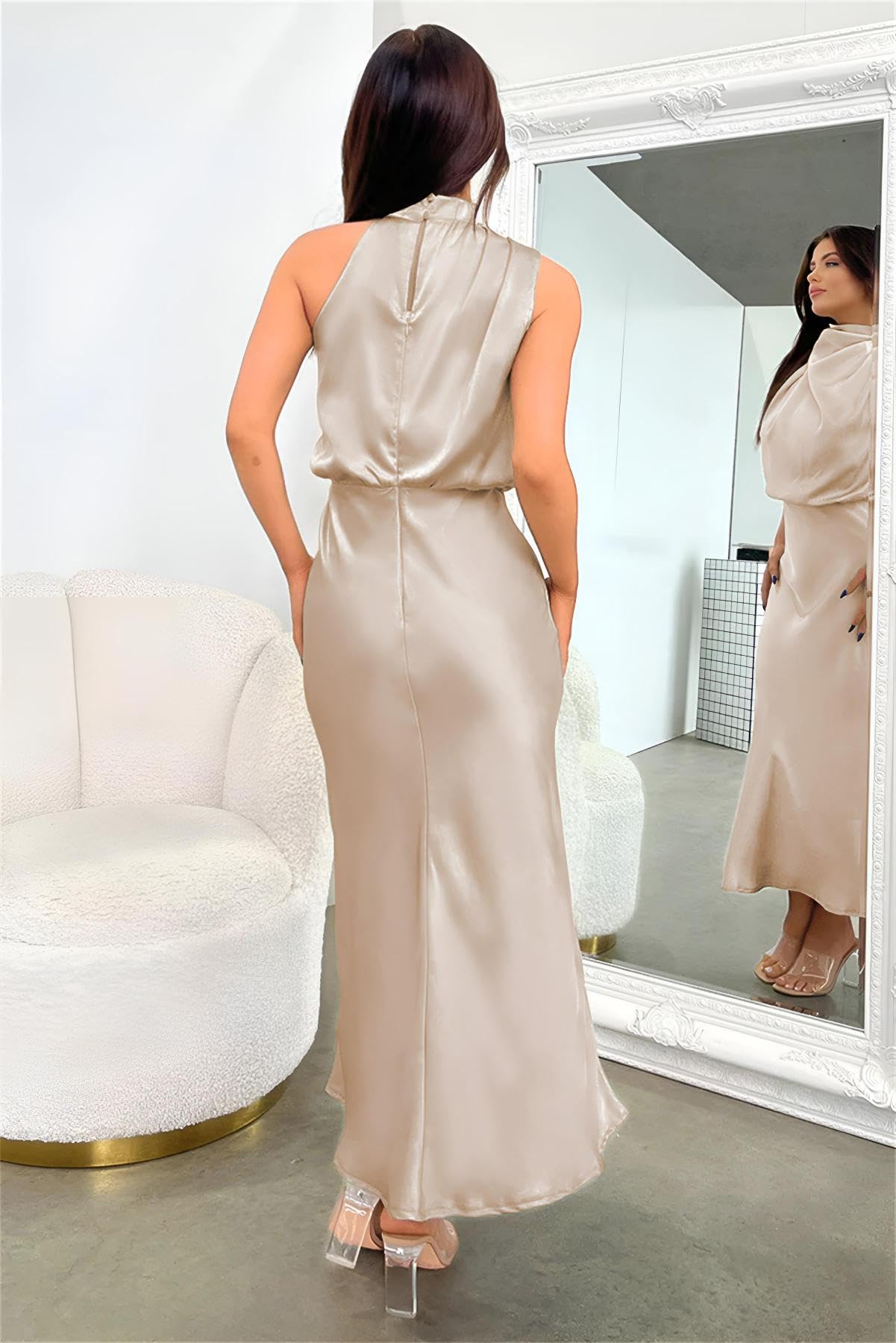 Elegant Women's Satin Cocktail Dress - Sleeveless Mock Neck, Elastic High Waist Maxi Dress for Evening Parties, Weddings & Special Occasions