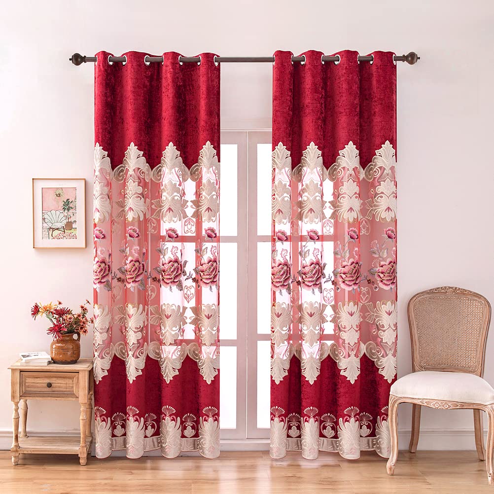 ELKCA Luxury Burgundy Red Chenille Floral Embroidered Curtains - Peony Design Grommet Top Window Drapes 52x84 Inches, 2 Panels for Bedroom, Living Room & Home Decor