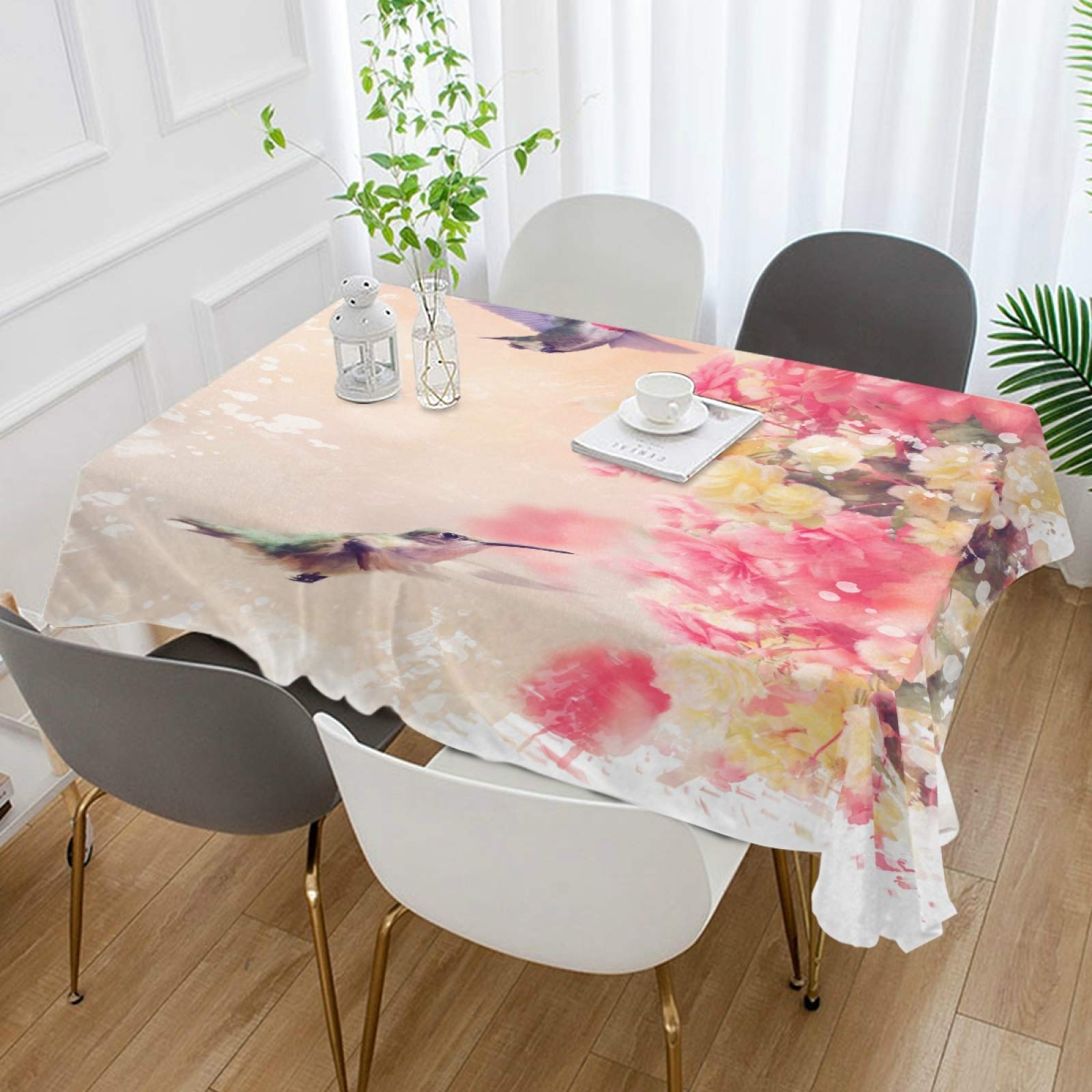 Romantic Hummingbird Pink Floral Tablecloth 54x72 Inch - Modern Rectangle Dining Table Cover for Kitchen, Party & Wedding Decor - Perfect for Indoor/Outdoor Gatherings, Holiday Dinners & Special Occasions
