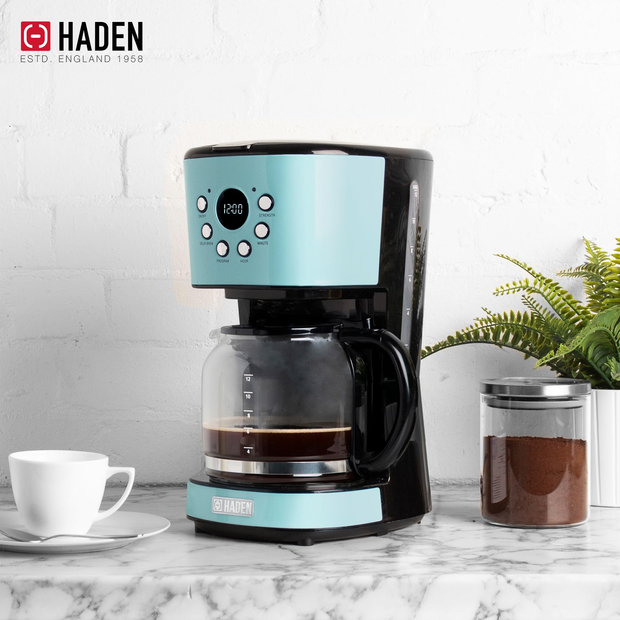 HADEN 12 Cup Drip Coffee Maker with 1.7L Stainless Steel Electric Kettle Set - Turquoise & Chrome - Perfect for Home, Office & Kitchen Use