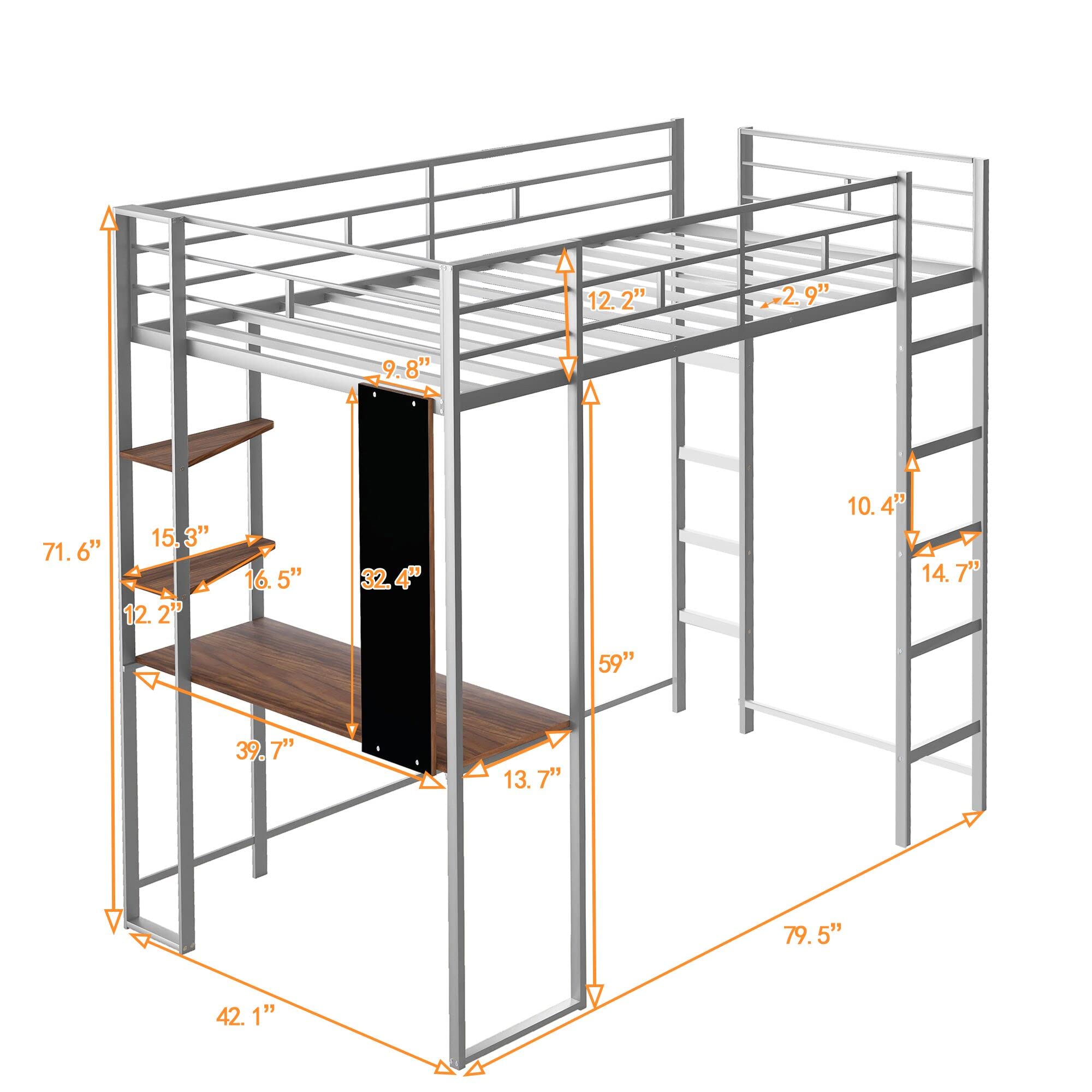 Harper & Bright Designs Twin Size Metal Loft Bed with Shelves & Desk - Sturdy Loft Bed Frame with Dual Ladders & Safety Rails for Kids, Teens & Adults - Space-Saving Study & Sleep Solution (No Box Spring Needed, Silver) - Perfect for Small Bedrooms, Dorms & Studio Apartments