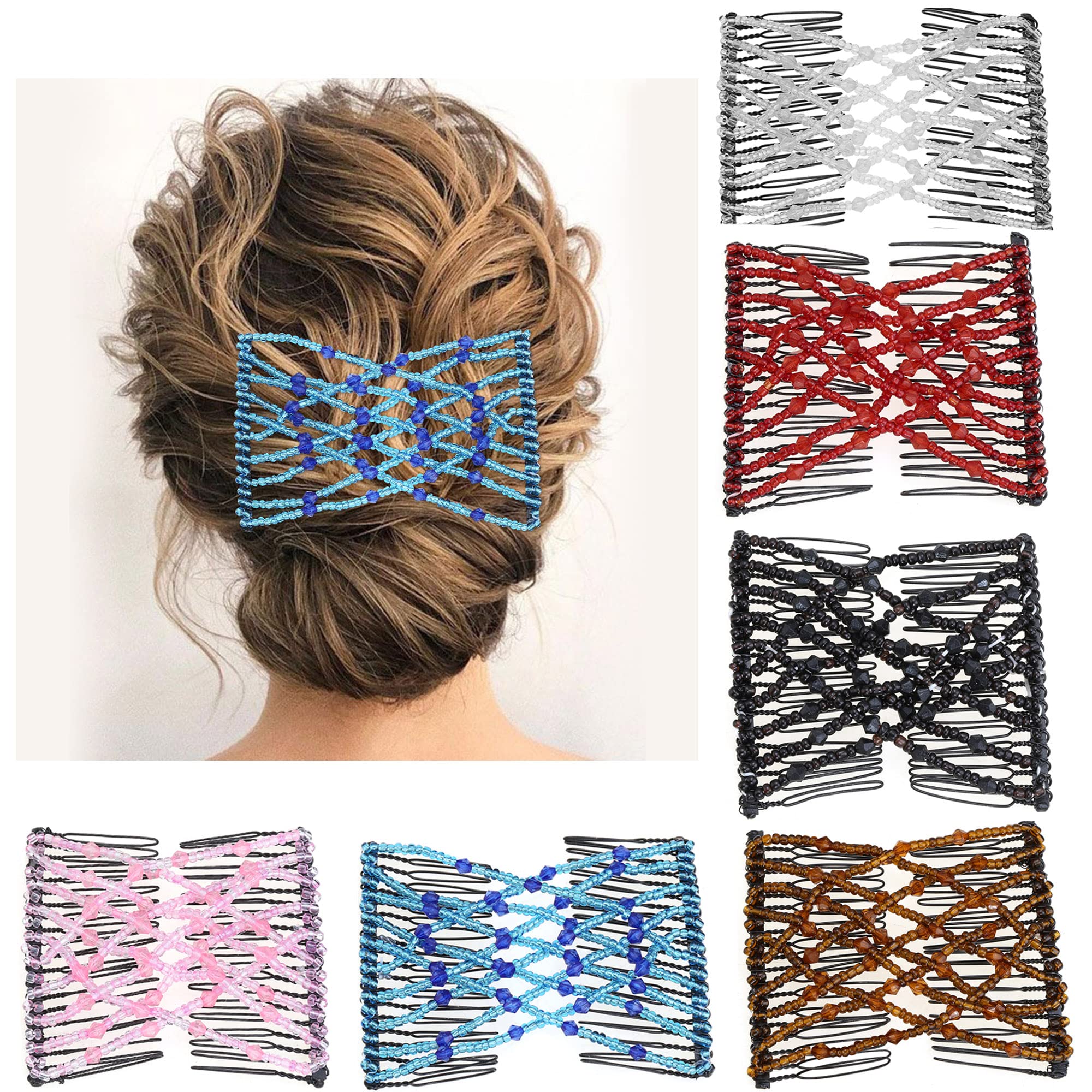 Aethland 6 Pack Magic Hair Combs - Elastic Beaded Hair Clips for Women, Stretchy Double Slide Hairpins - DIY Hair Styling Accessories for Ladies & Girls - Perfect for Weddings, Parties & Everyday Hairstyles