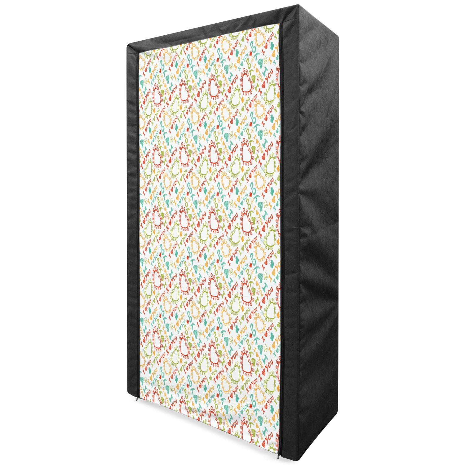 Ambesonne I Love You Portable Fabric Wardrobe - Colorful Romantic Scribble Heart Butterflies Abstract Design Clothing Organizer with Shelves, 33.5 Inch Multicolor - Perfect for Bedroom, Closet, Dorm & Kids Room Storage Solution
