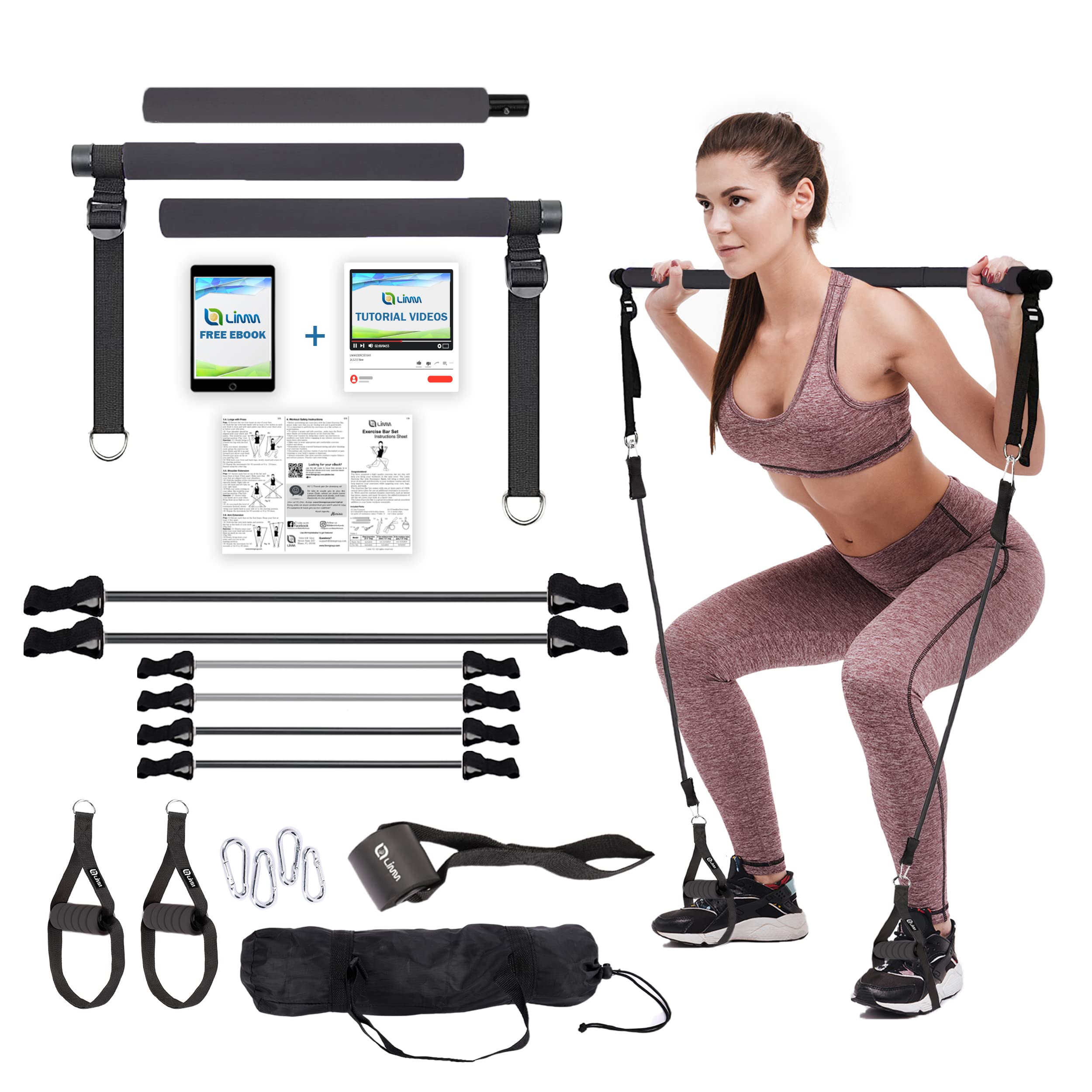Limm Pilates Bar Kit - 3-Section Adjustable Yoga Stick for Home Workouts - Portable Exercise Equipment for Men & Women - Full Body Toning, Stretching & Strength Training - Includes Resistance Bands - Perfect for Yoga, Pilates & Home Gym Fitness Routines