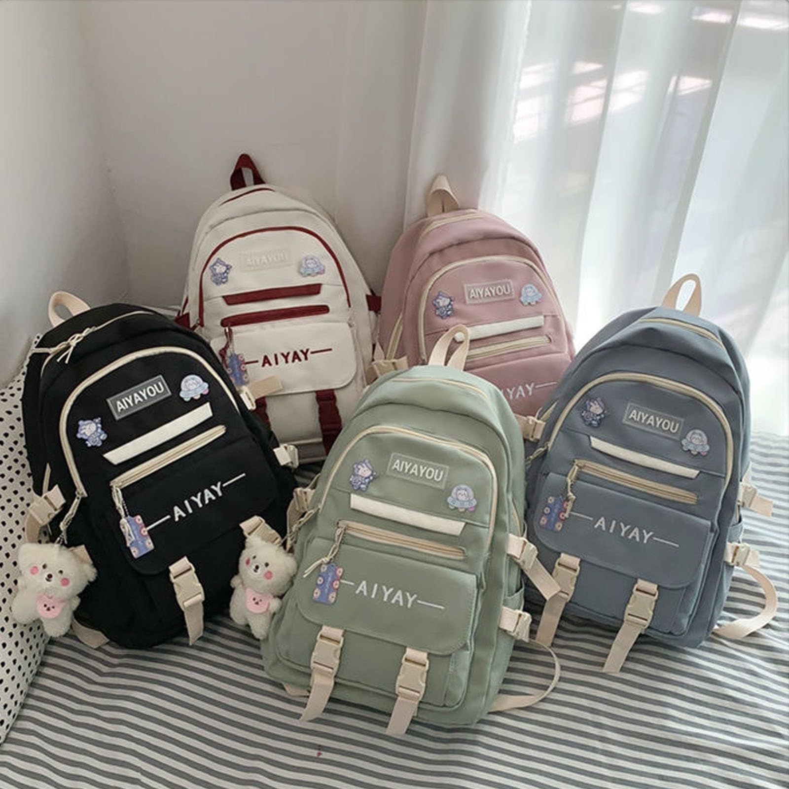 Cute Kawaii Backpack for School with Accessories - Green Aesthetic School Supply