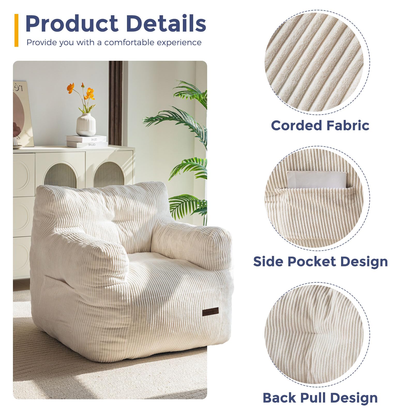 MAXYOYO Tufted Corduroy Bean Bag Chair with Filler - Comfortable Lazy Couch for Adults & Teens in Beige | Perfect for Living Room, Bedroom & Dorm Relaxation