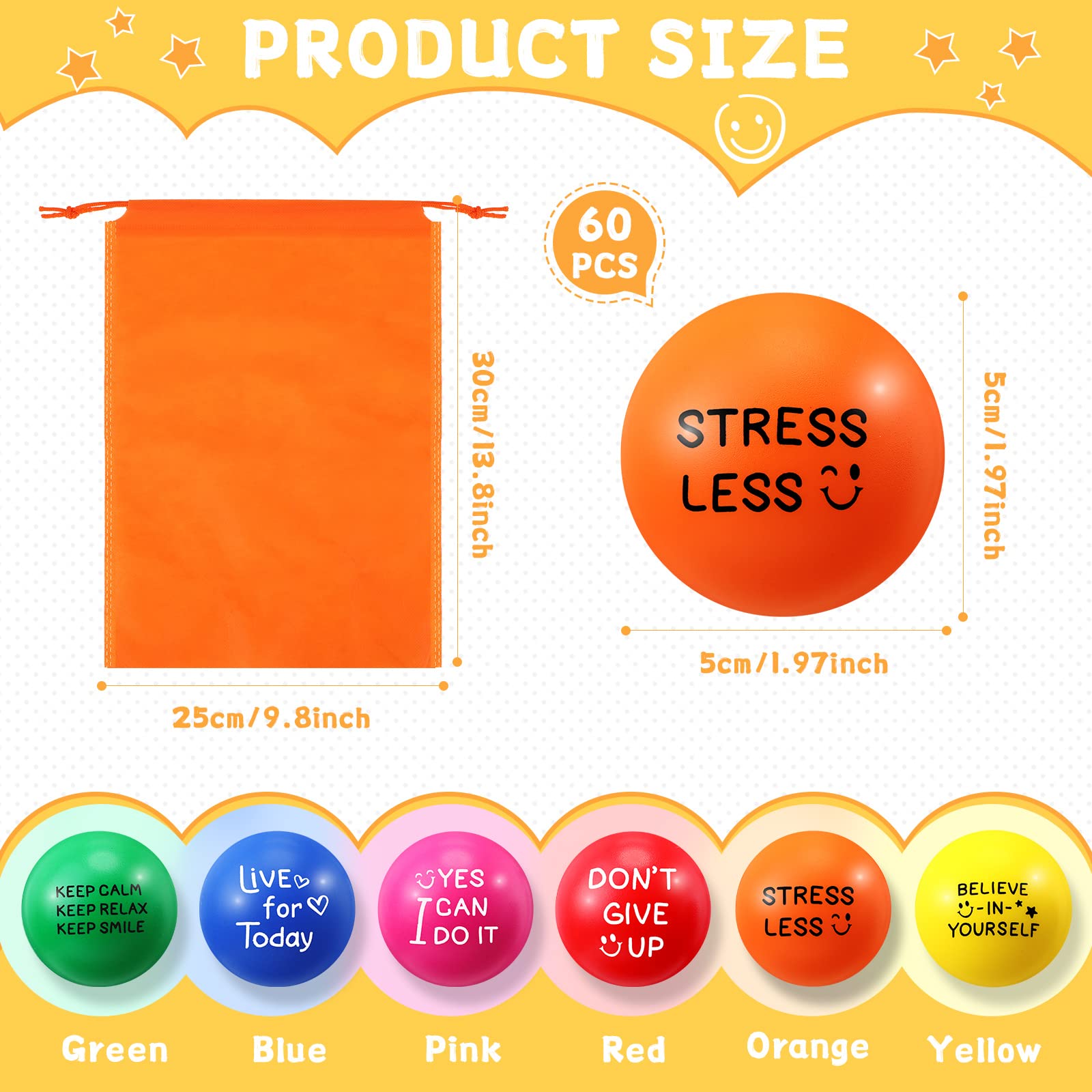 60 Pack Motivational Stress Relief Balls - 1.97 Inch Inspirational Hand Exercise Squeeze Balls for Adults & Teens - Colorful Foam Anxiety Relief Toys with Uplifting Quotes (Multi-Colored) - Perfect for Office, Classroom, Therapy & Home Relaxation