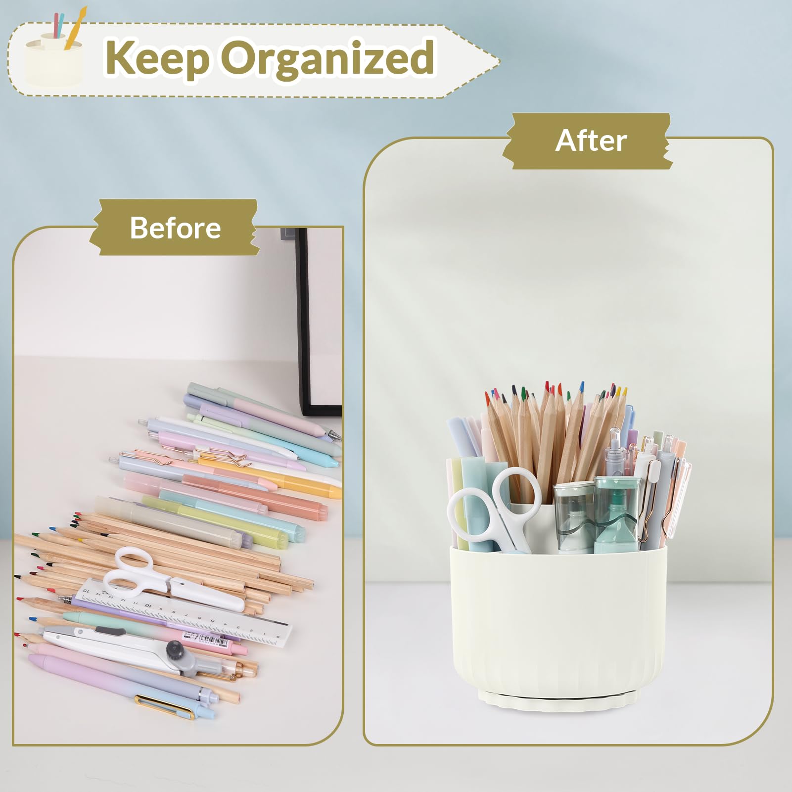 SKYDUE 360 Degree Rotating Desk Organizer - 5-Slot Dual-Purpose Pen & Pencil Holder for Office, School & Home - White (12287XZBT) - Perfect for Organizing Stationery, Makeup Brushes & Desk Accessories