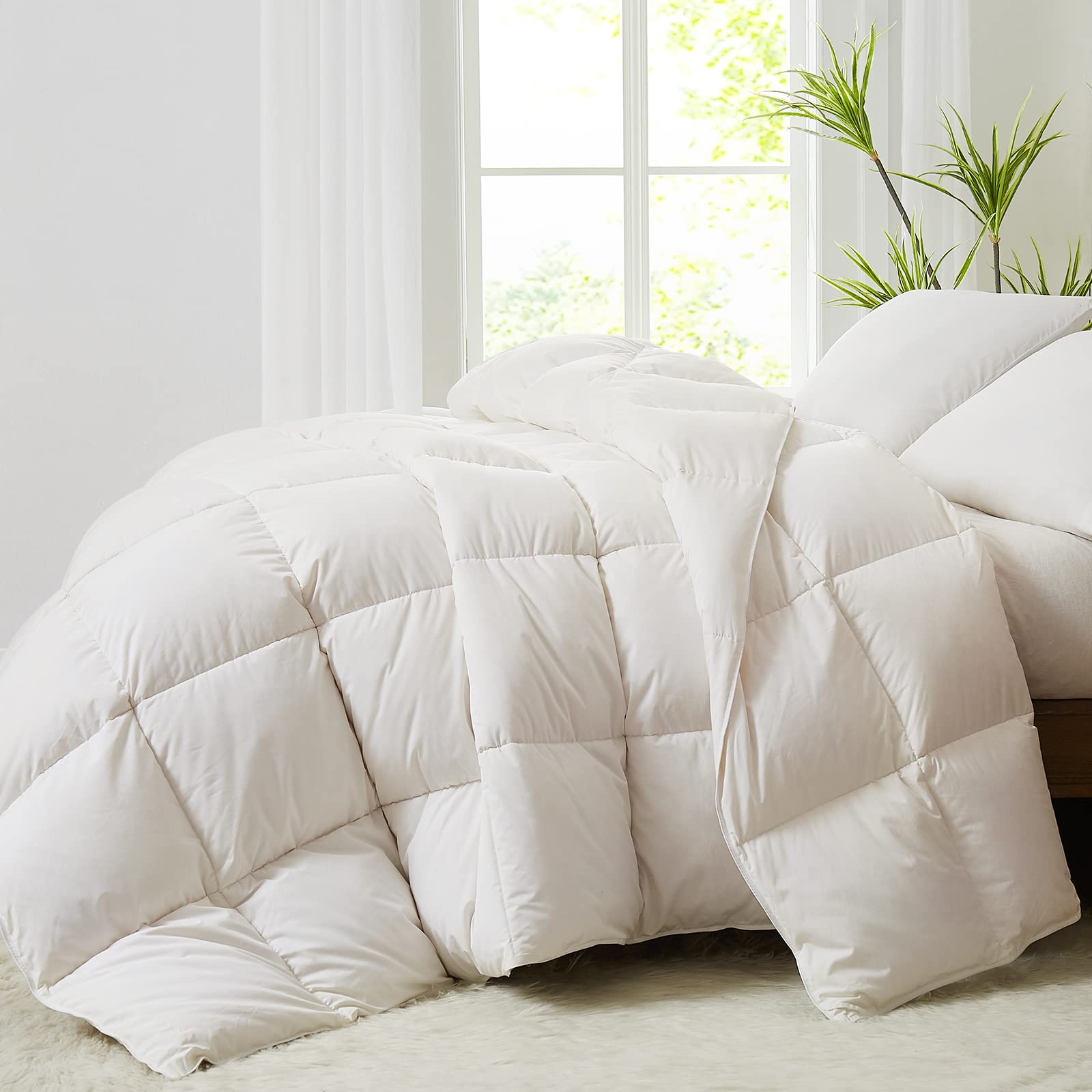 Premium Homemate Goose Feather Down Comforter Queen Size - All Seasons White Duvet Insert with 45oz Fluffy Down Filling (90x90 Inch) for Cozy Bedroom & Guest Room Comfort