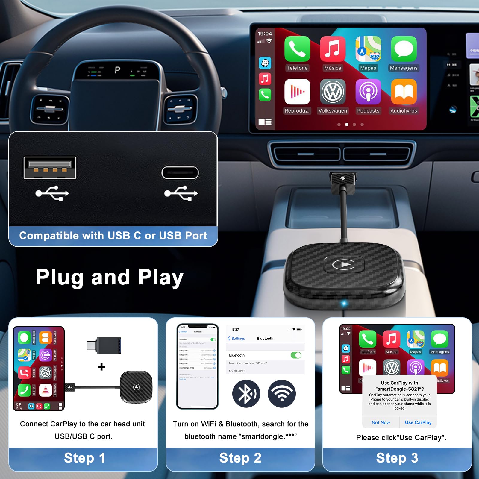2024 Upgraded Wireless CarPlay Adapter - Convert Wired to Wireless CarPlay, Plug & Play for Cars After 2017 & iOS 10+, Seamless Music & Navigation for Commuting & Road Trips
