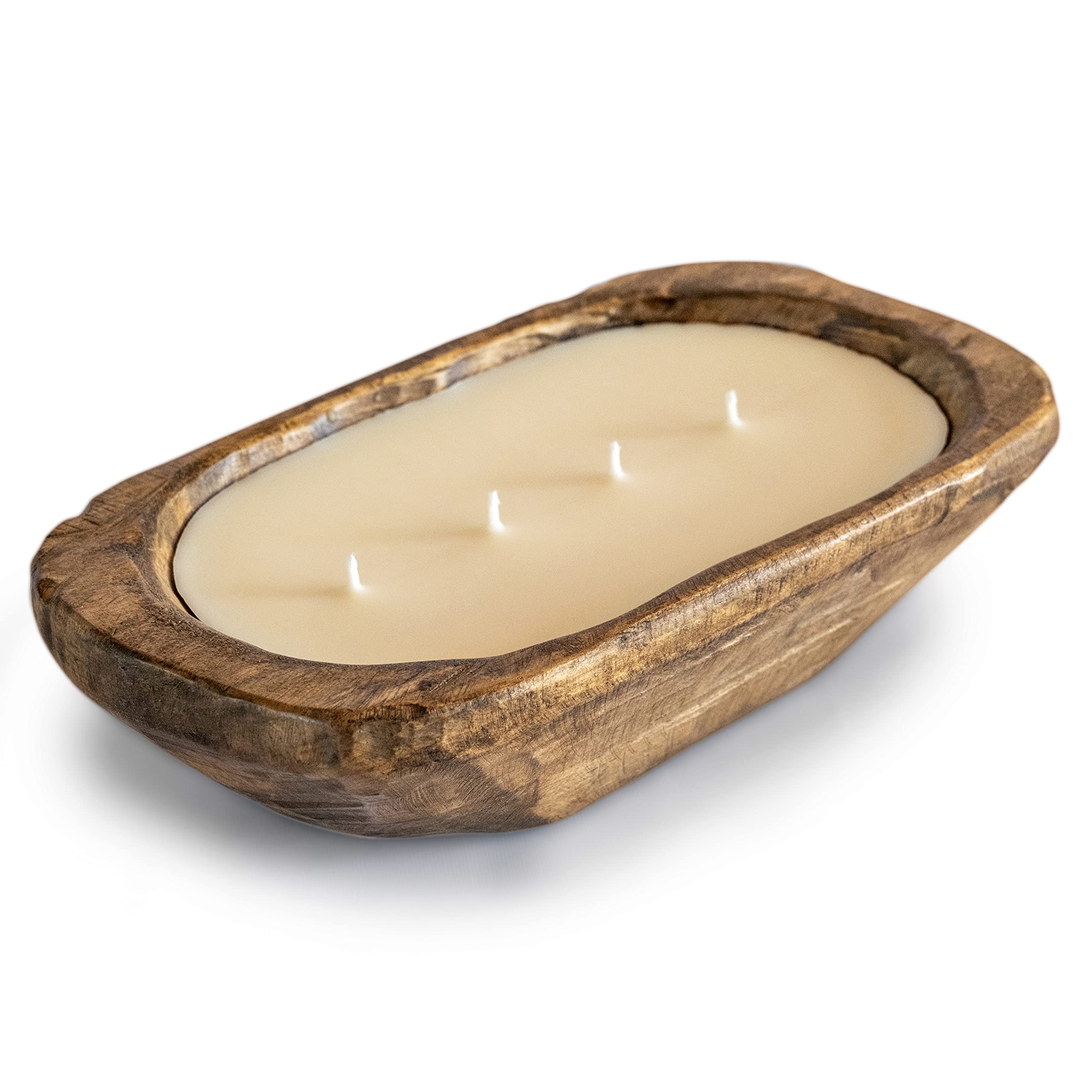 10 Inch Wooden Dough Bowl Soy Candle - Unscented Farmhouse Decor with 4 Wicks for Rustic Weddings, Holiday Centerpieces & Cozy Home Ambiance