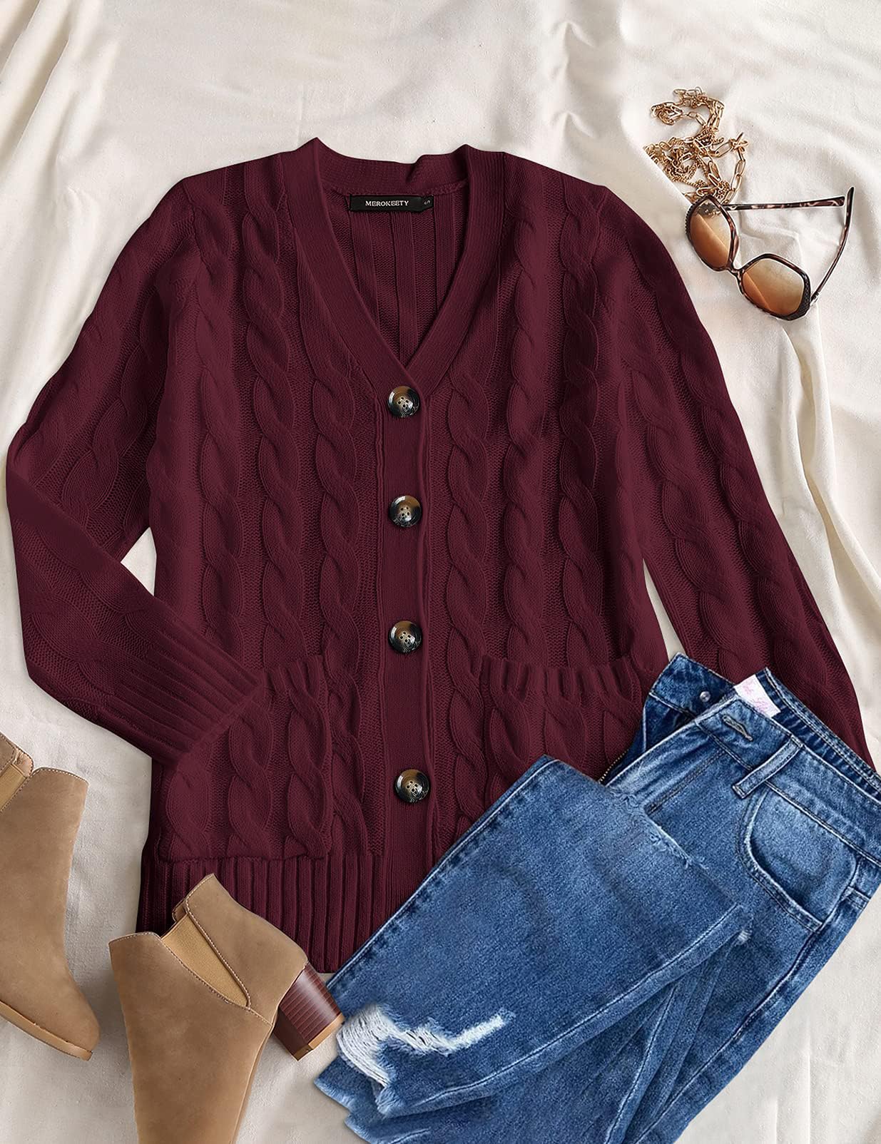 MEROKEETY Women's 2025 Fall Long Sleeve Cable Knit Sweater Cardigan - Open Front Button Loose Fit Outerwear for Casual Wear, Office & Date Nights