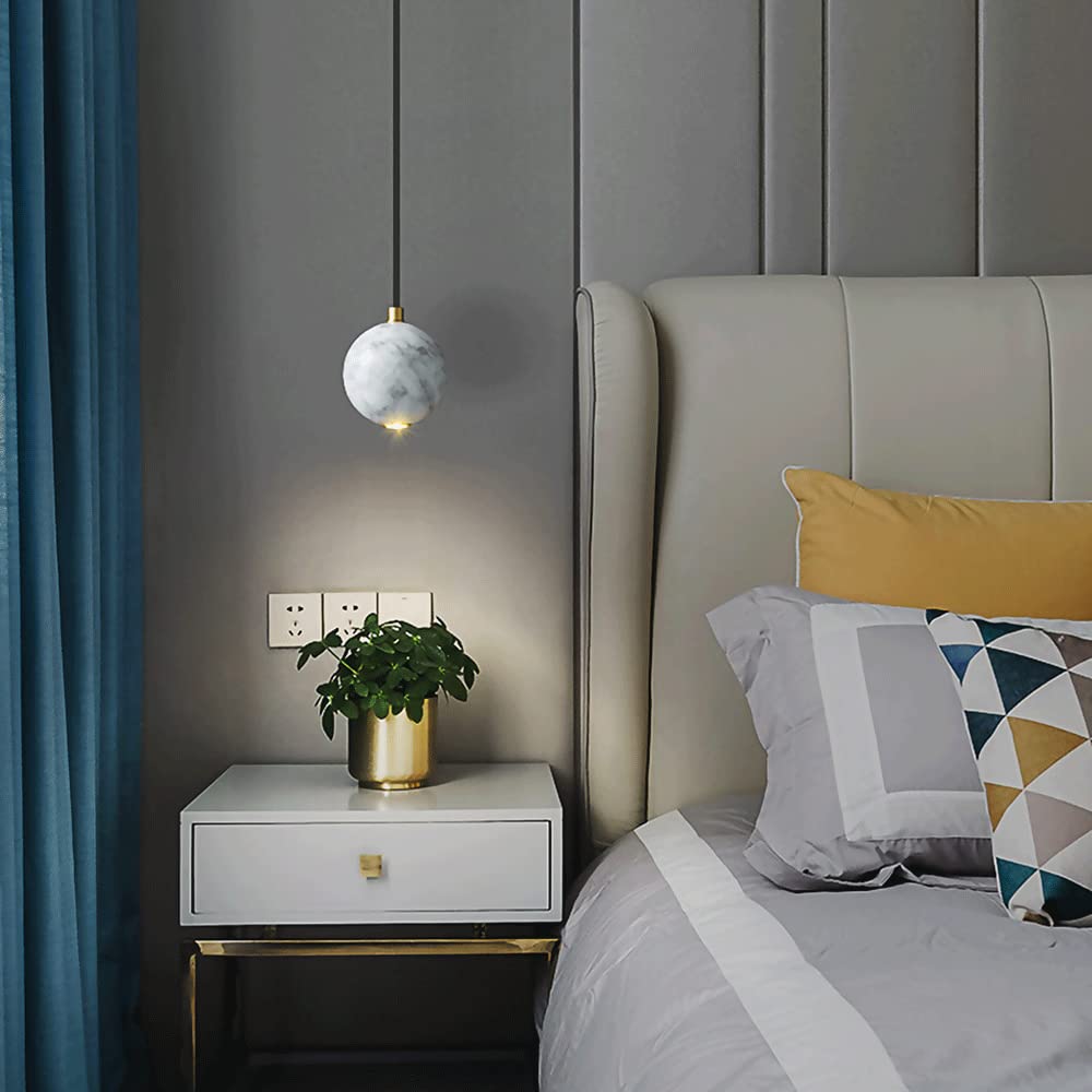 Modern LED Chandelier with Marble Pendant & Round Ball-Shaped Lampshade - Adjustable Copper Hanging Light Fixture for Dining Room, Living Room, and Bedroom Ceiling Lighting