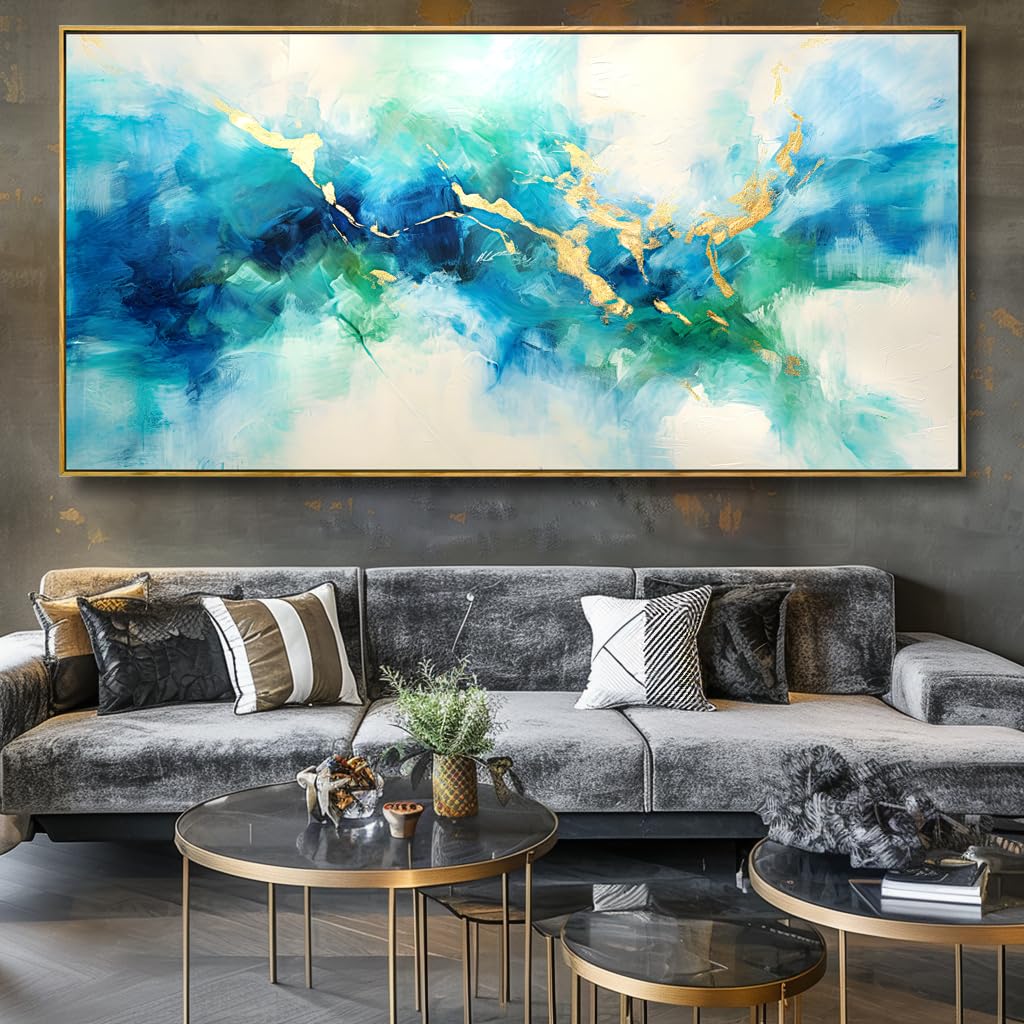 Abstract Canvas Wall Art - Green, Blue & Gold Fantasy Painting - Modern Home Decor for Bedroom, Living Room, Dining Room & Office - 24x48 Inch Framed Artwork - Perfect for Contemporary Spaces & Gift Giving