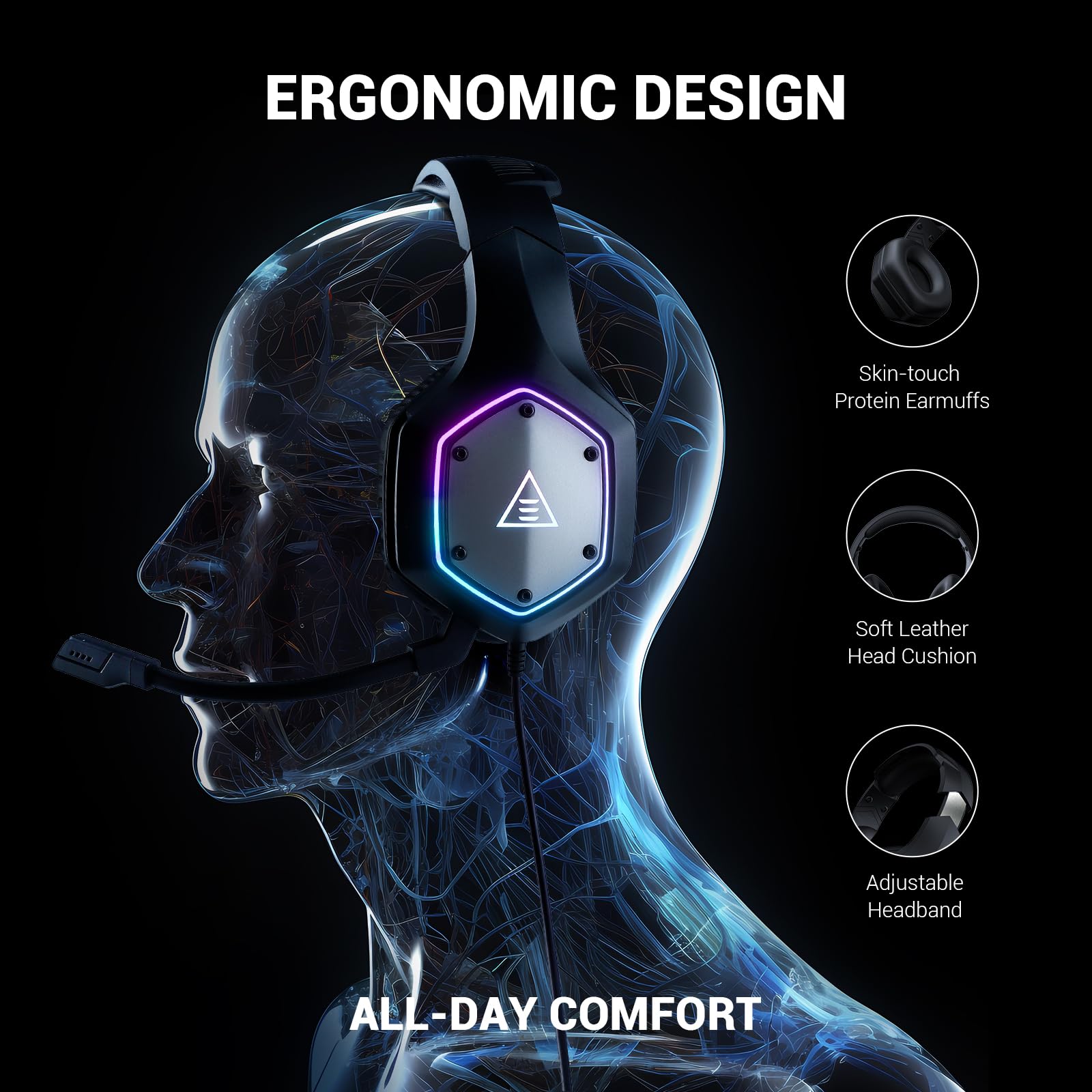 EKSA E1000V2 USB Gaming Headset with Noise Cancelling Mic - 7.1 Surround Sound Wired Headphones for PC, PS4, PS5, Laptop - RGB Lighting & Comfortable Ear Cushions (Black) | Perfect for Competitive Gaming, Streaming & Online Meetings
