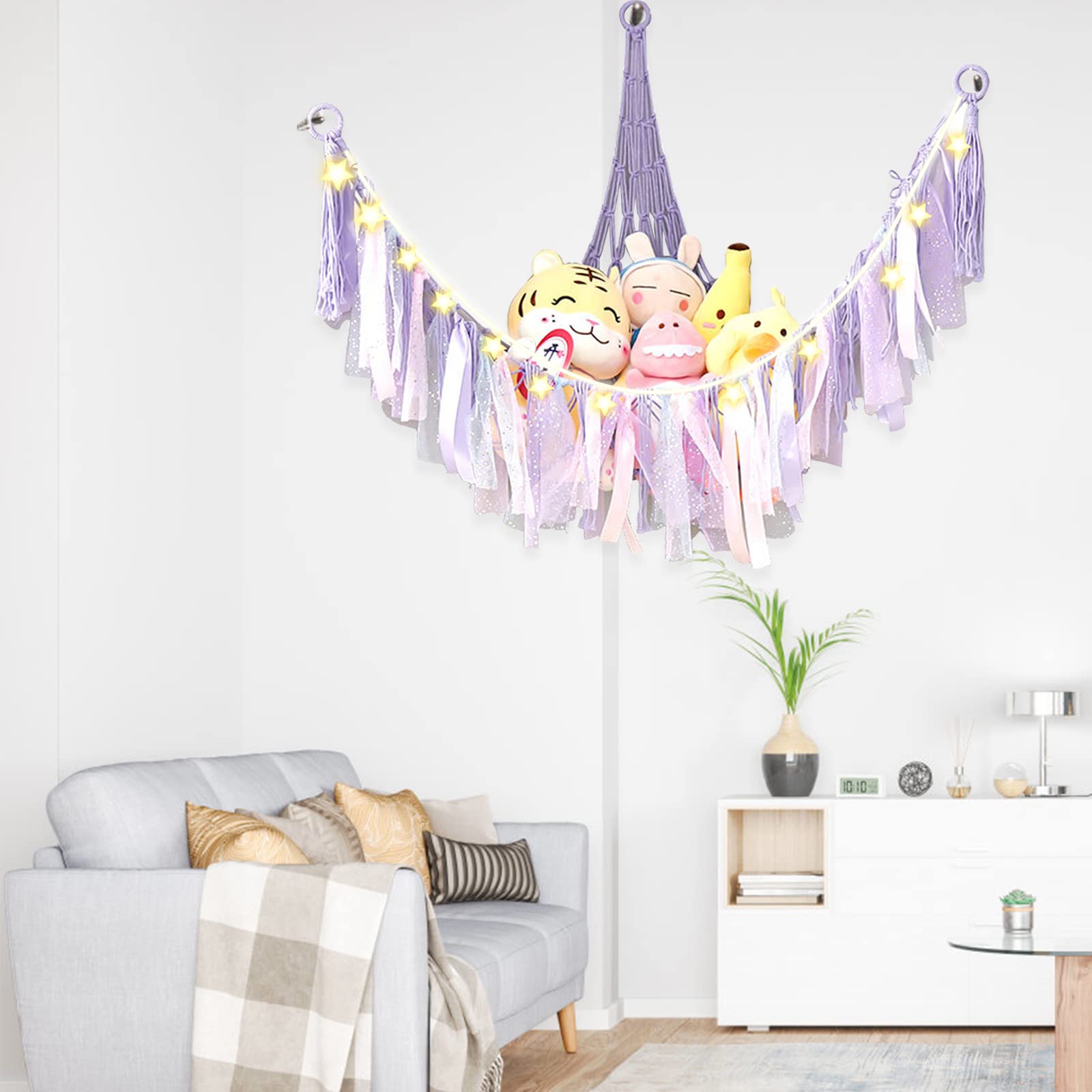 Qivine Hanging Stuffed Animal Storage Net with LED Lights - Large Macrame Plush Toy Hammock for Kids Room & Bedroom Organization - Perfect for Storing Teddy Bears, Dolls & Soft Toys in Nursery or Playroom