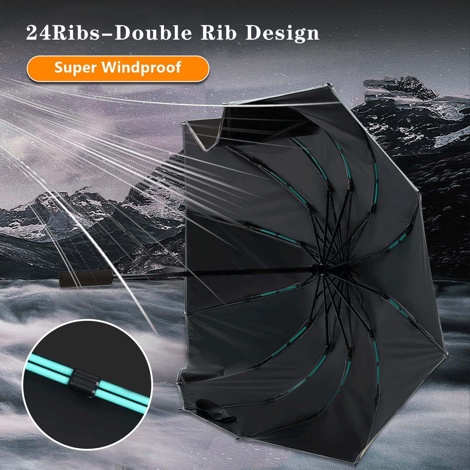 Large Double-Ribs Windproof Umbrella with Reflective Strips - Automatic Reverse Folding Compact Travel Umbrella for Rain & Sun Protection - Perfect for Commuting, Walking Dogs & Outdoor Activities