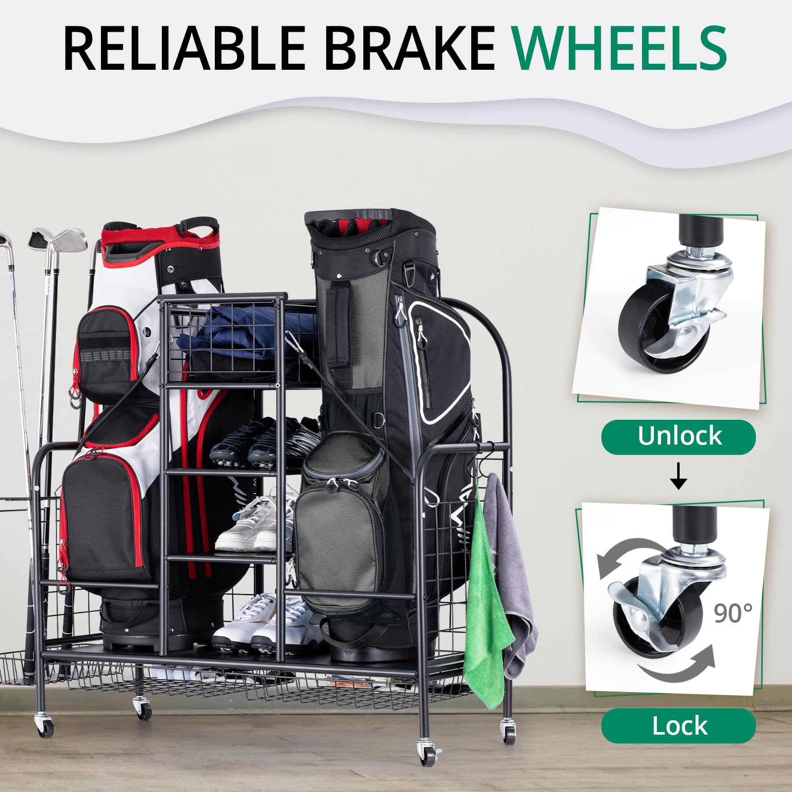 Premium Golf Bag Organizer Stand - Heavy Duty Storage Rack for 2 Golf Bags, Clubs, Balls & Accessories | Extra Large Golf Equipment Organizer for Garage, Basement & Clubhouse | Perfect for Golf Enthusiasts & Professional Players