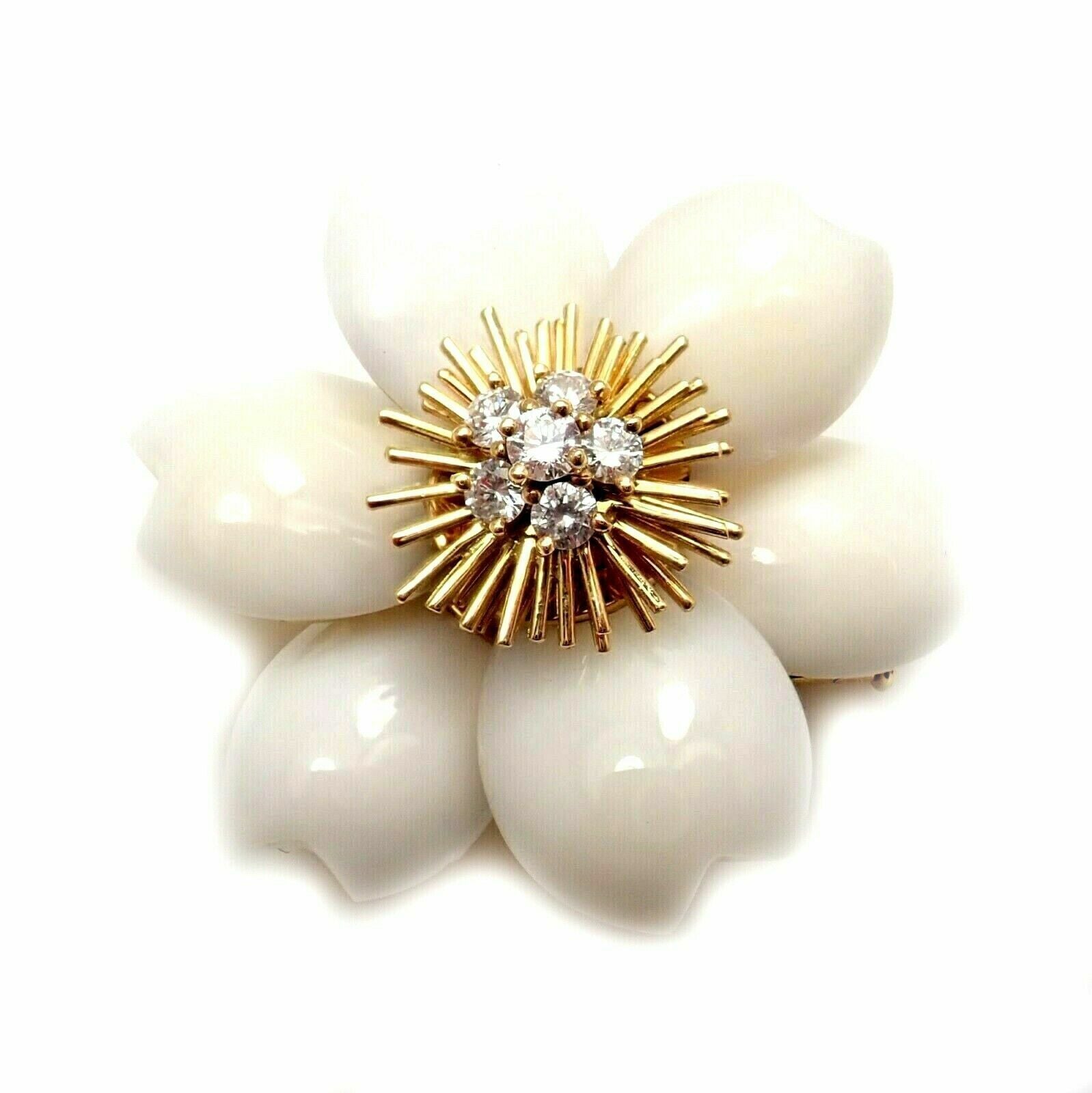 Van Cleef & Arpels Rose de Noel Diamond & White Coral Flower Yellow Gold Brooch - Luxury Jewelry Gift for Women, Perfect for Weddings & Special Occasions