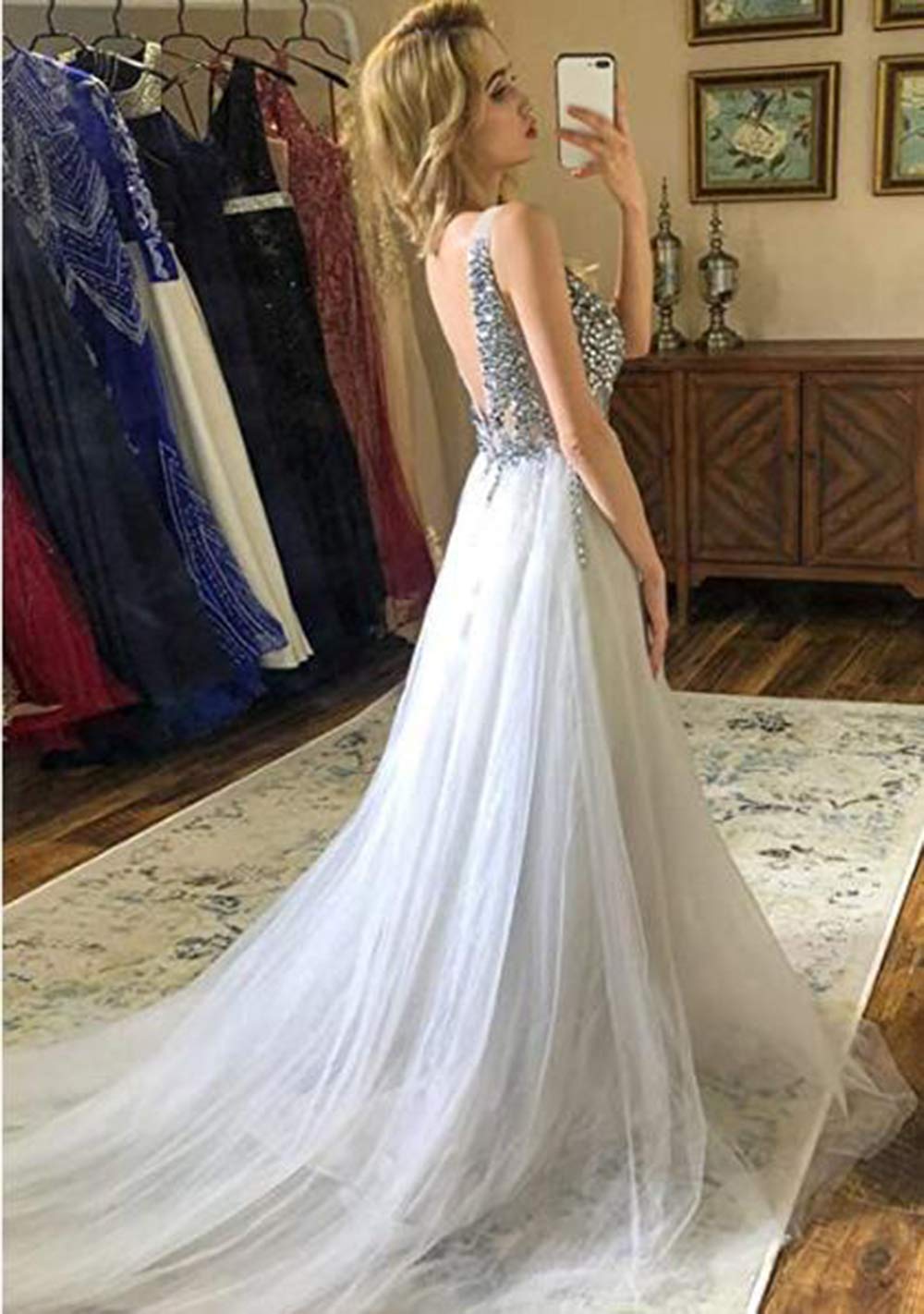 Sparkling Beaded Evening Gowns for Women - Elegant Long Formal Prom Dresses with High Slit | Perfect for Weddings, Galas & Special Occasions