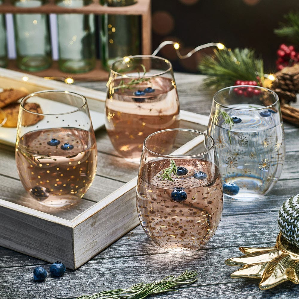 Elegant Set of 4 Stemless Wine Glasses for Parties, Weddings & Home Entertaining - Shatterproof & Dishwasher Safe