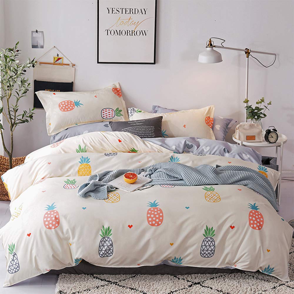 **LAMEJOR Queen Size Duvet Cover Set - Reversible Tropical Pineapple Print Bedding (1 Duvet Cover + 2 Pillowcases) in Yellow & Gray - Soft & Breathable for Summer & Beach-Themed Bedrooms**