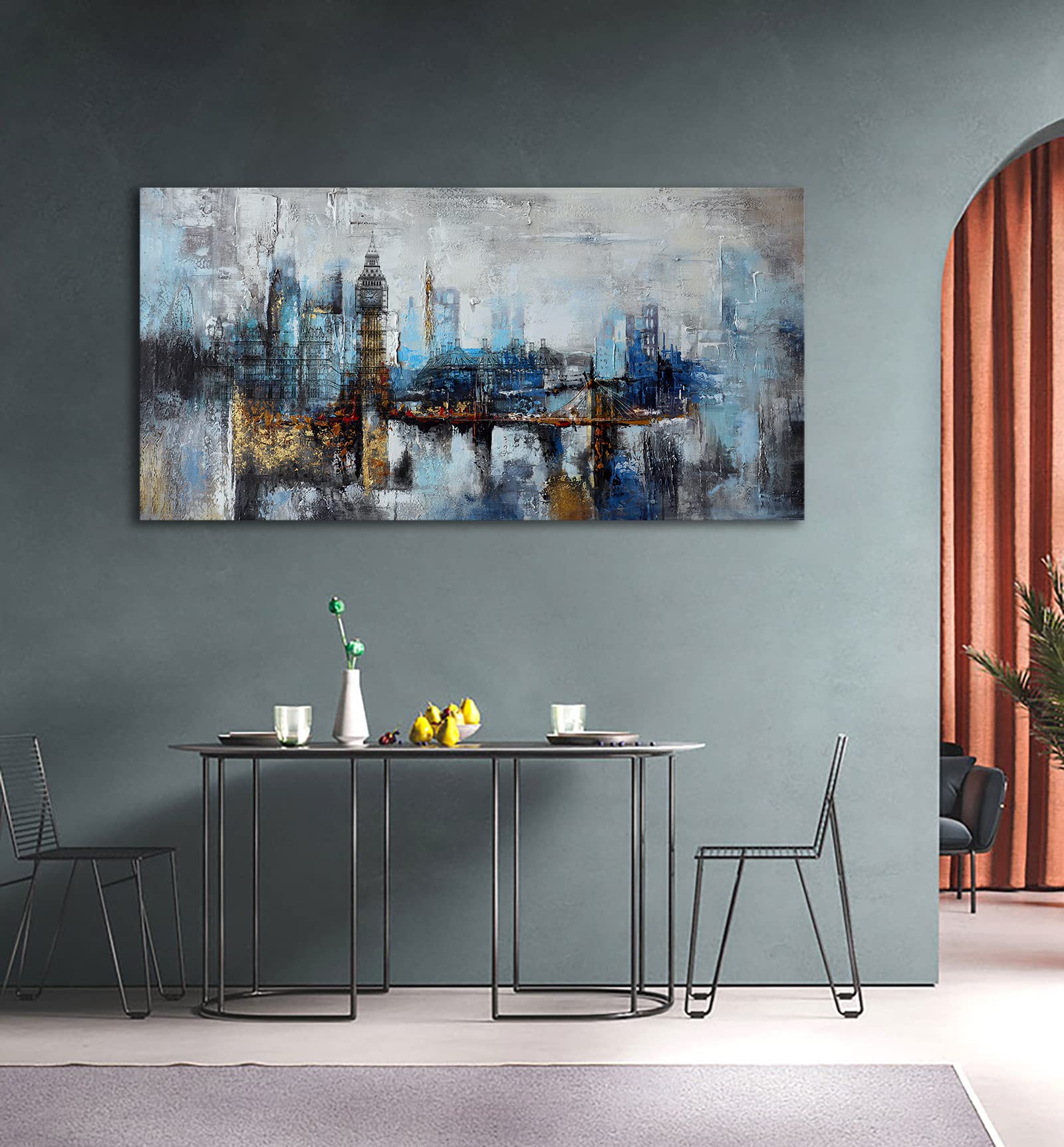 Large Abstract City View Canvas Wall Art - Modern Gray Blue Buildings Print for Bedroom, Living Room & Office Decor - 29x58 Inches - Perfect for Contemporary Home & Workspace Styling