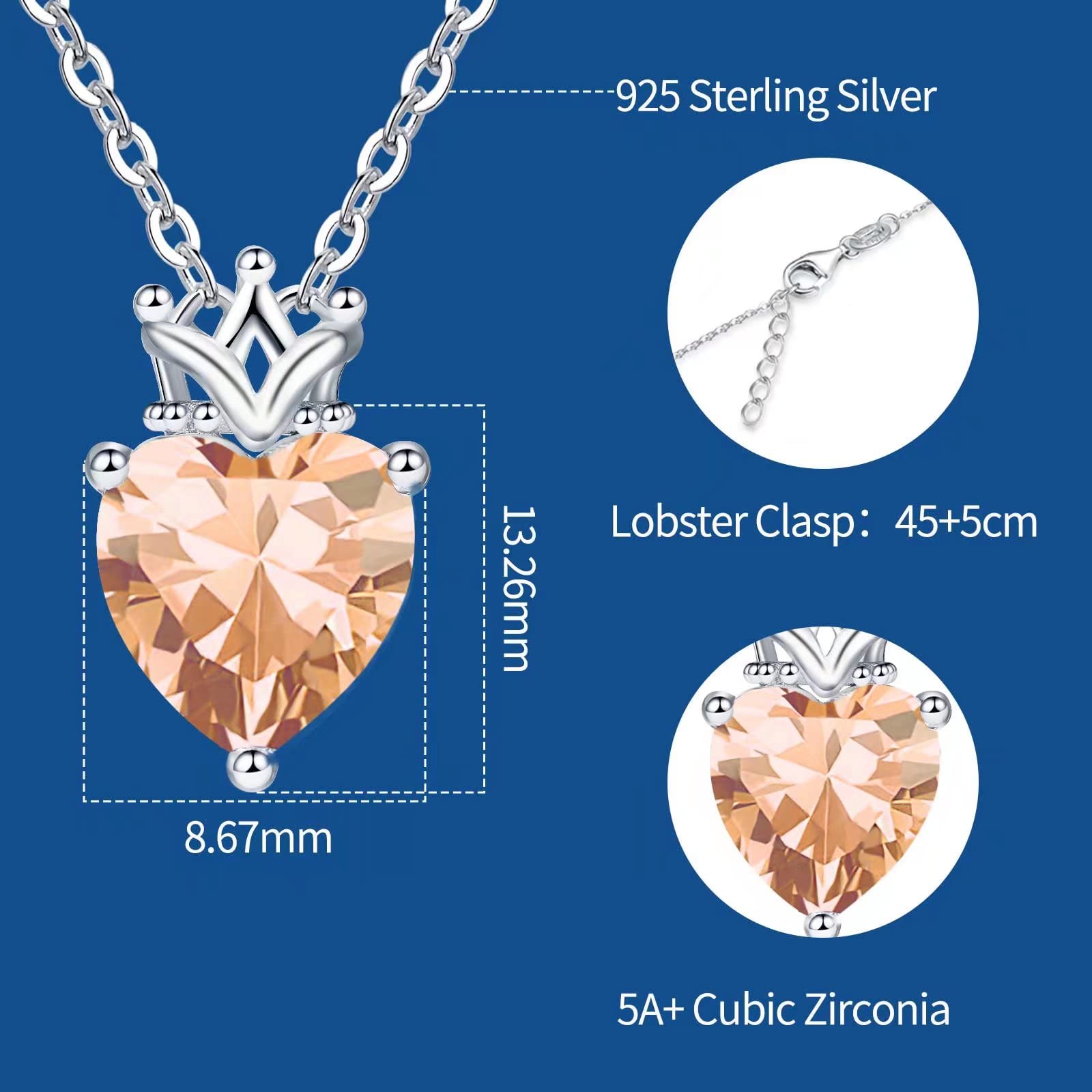 925 Sterling Silver Birthstone Heart with Crown Pendant Necklace - Cubic Zirconia Princess Queen Jewelry | Perfect Birthday Gift for Women, Anniversary Present & Valentine's Day Jewelry