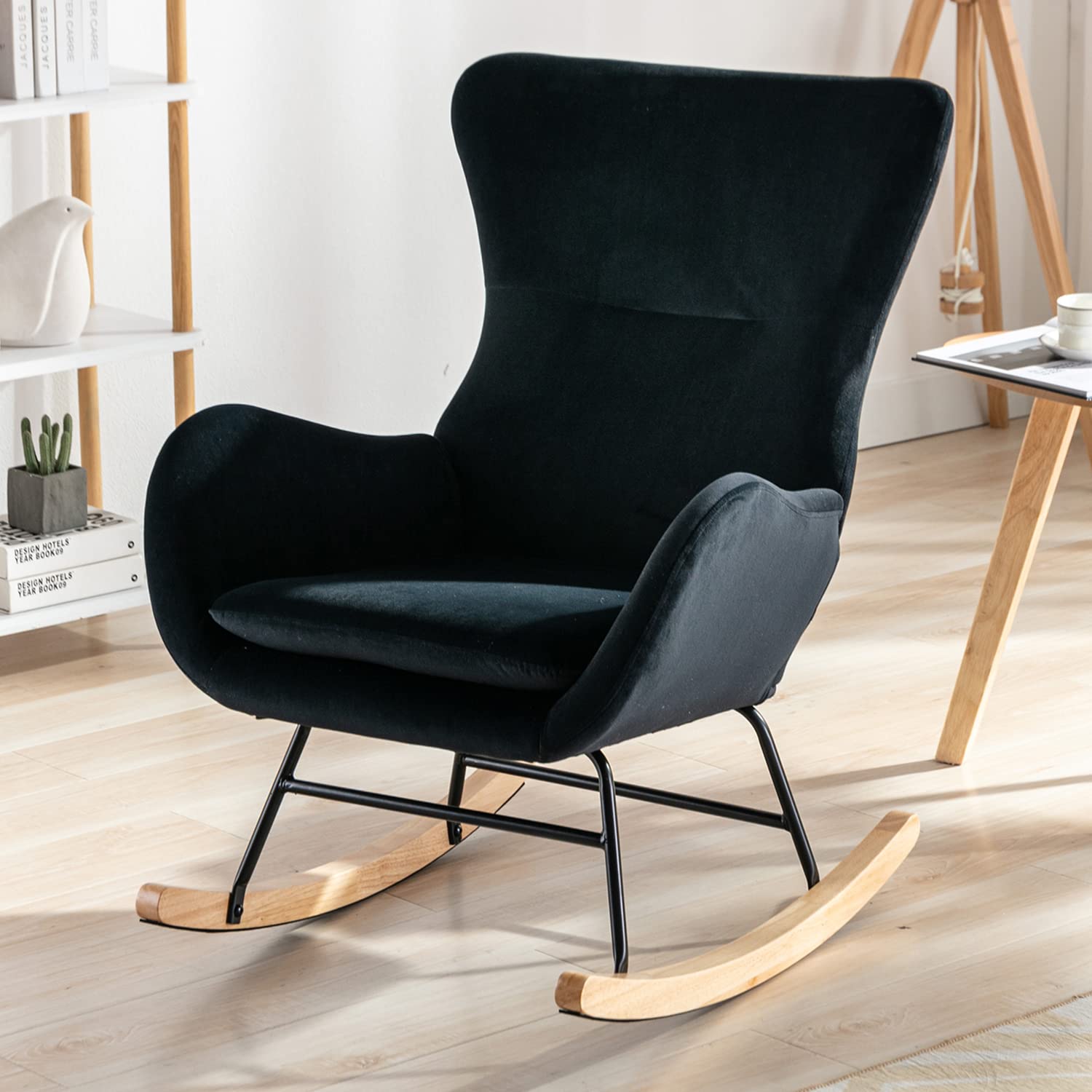 Modern Rocking Chair - High Back Upholstered Glider with Armrests, Comfortable Nursery Rocker for Baby Room, Living Room & Bedroom (Black) - Perfect for Nursing, Reading & Relaxing