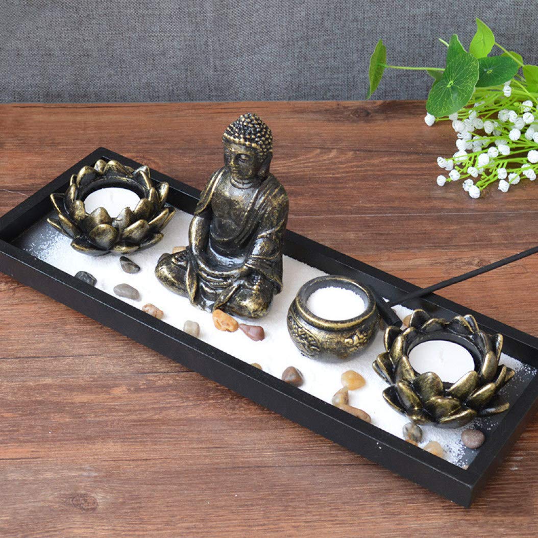Zen Meditation Garden Set with Resin Buddha Statue, Lotus Candle Holder & Incense Stick - Desktop Decor for Stress Relief, Office Relaxation & Mindful Meditation Practice