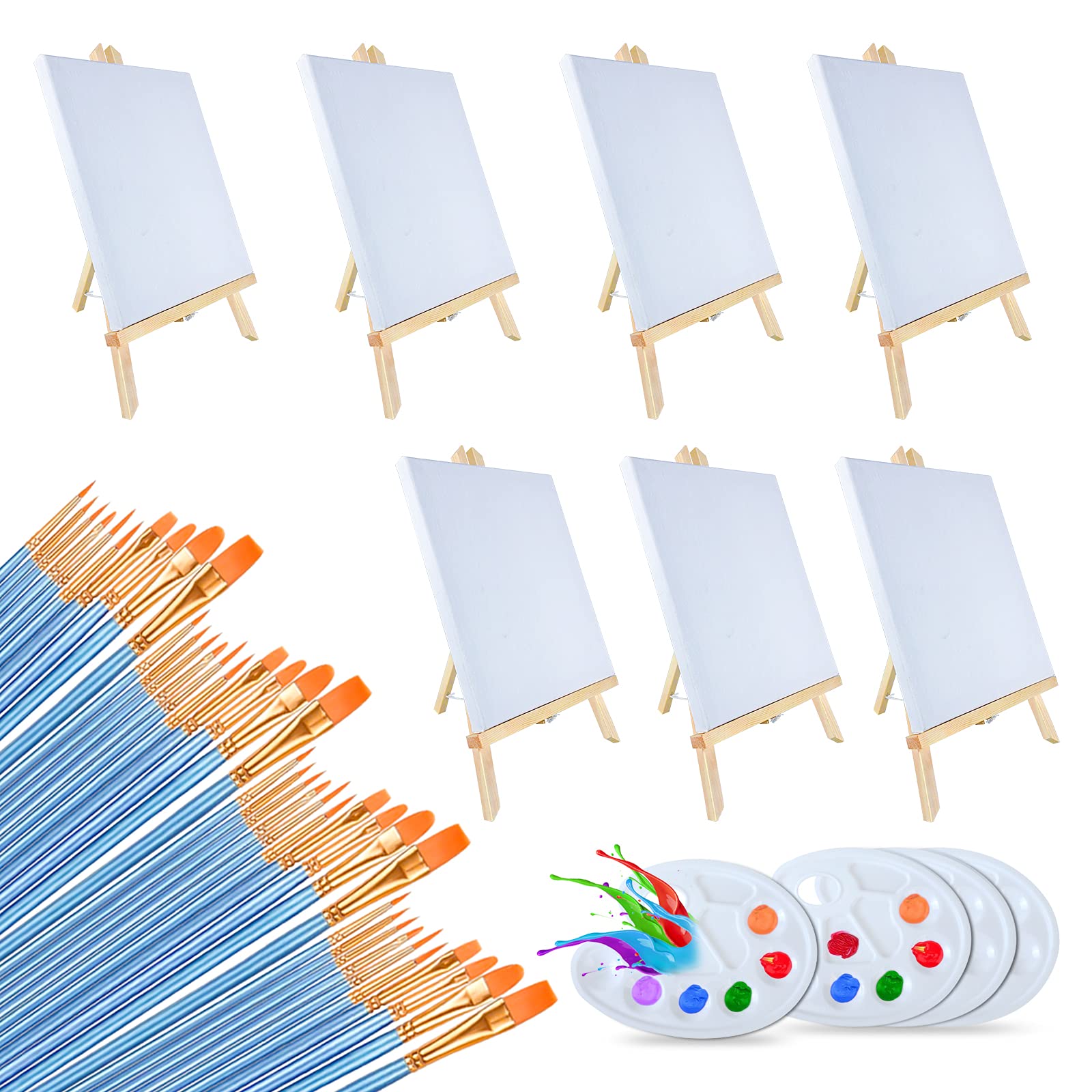 58-Piece Painting Set with Easels - 7 Pcs 14 Inch Easel Stands, 7 Canvases (8x10 Inch), 40 Brushes & 4 Palettes - Complete Art Supplies Kit for Adults & Kids - Perfect for Painting Parties, Sip & Paint Events, Home Decor & Art Display