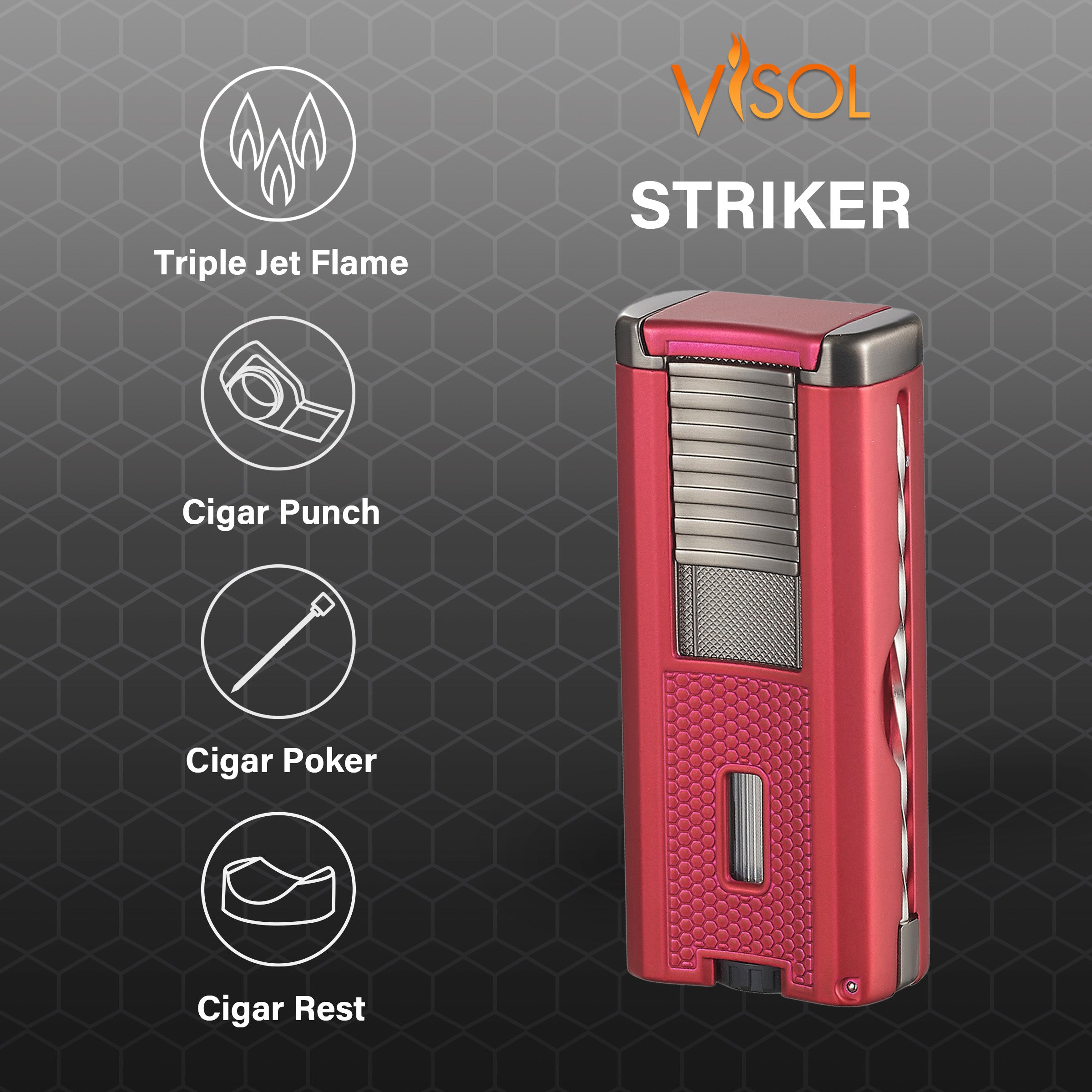 Visol Striker Triple Torch Flame Lighter with Cigar Poker - Windproof Butane Lighter for Cigars, Cigarettes & Outdoor Use (Red) - Perfect for Camping, BBQ & Survival Gear