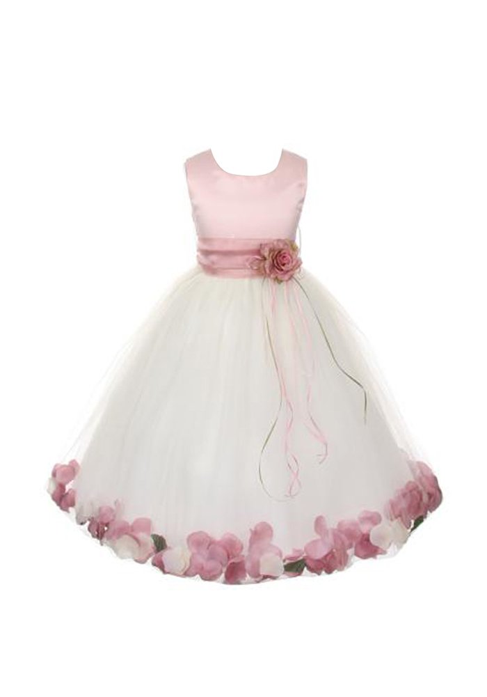 Satin Rose Flower Girl Dress with Bodice & Petals - Rose Top, Ivory & Rose Colors - Size 8 | Perfect for Pageants, Weddings & Special Occasions