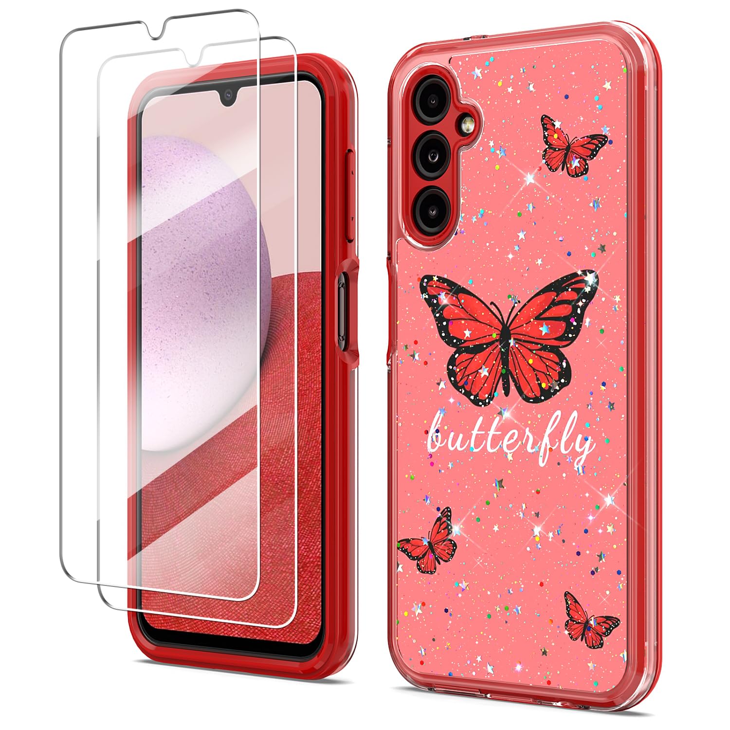 Samsung Galaxy A54 5G Case with 2 Pack Screen Protector - Glitter Bling Butterfly Cute Phone Cover for Women Girls, Slim Soft TPU Bumper & Hard Back Shockproof Protection - Perfect for Everyday Use, Work, and Travel