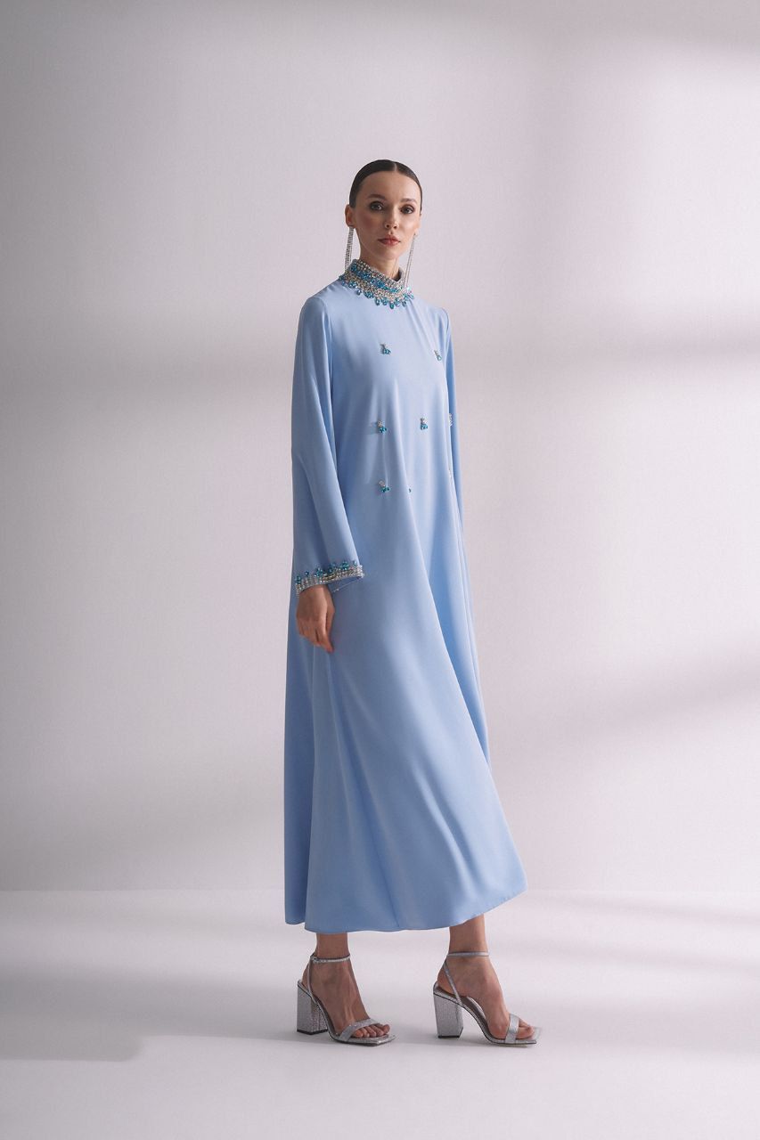 Elegant Rhinestone Embellished Jewel Neck Hamdan Abaya - Modest Blue Long Dress for Women | Perfect for Islamic Prayer, Special Occasions & Evening Events
