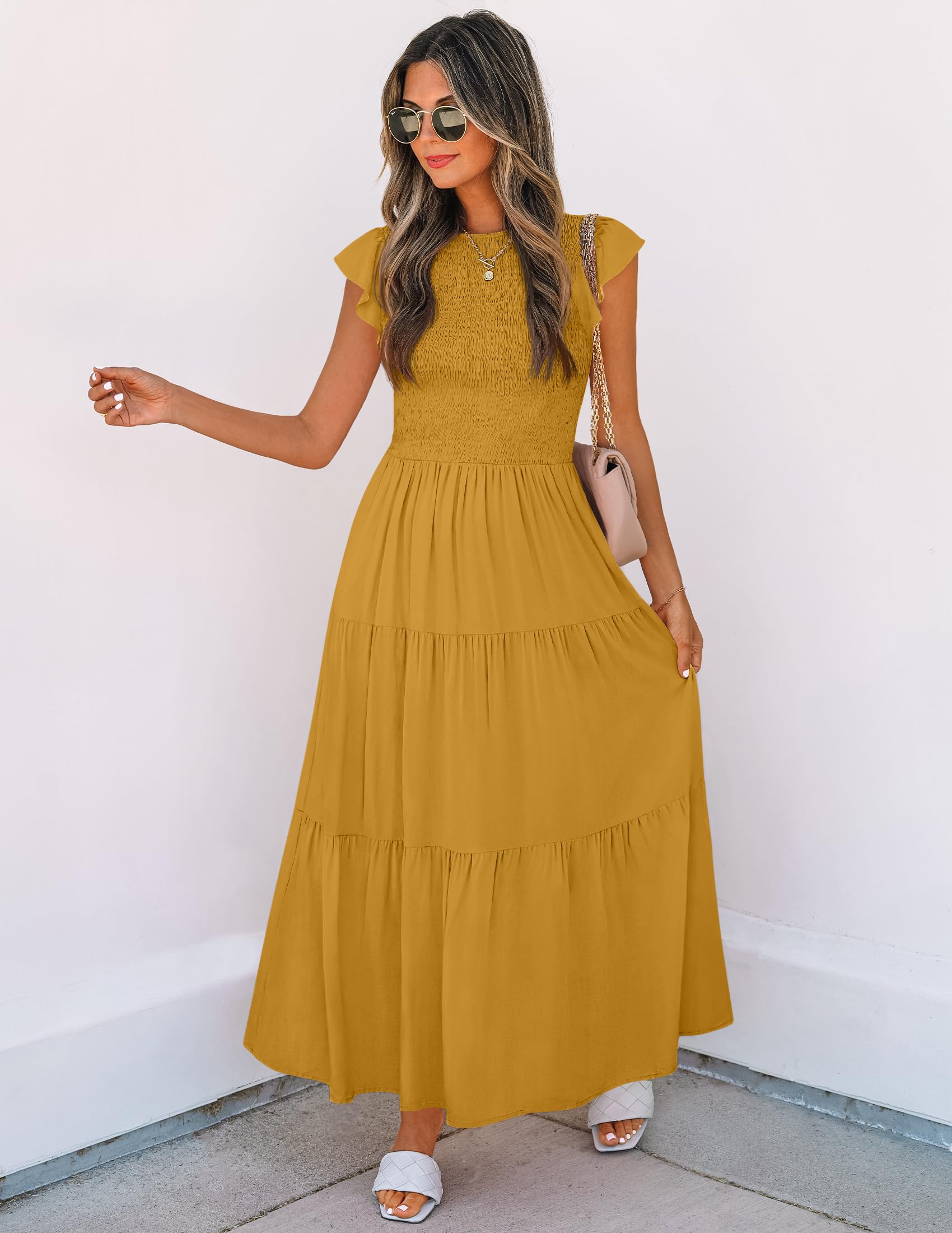 ZESICA Women's 2025 Summer Flutter Sleeve Smocked Waist Tiered Midi Dress - Casual Crew Neck Elastic Waist Flowy Dress for Beach, Vacation & Outdoor Parties