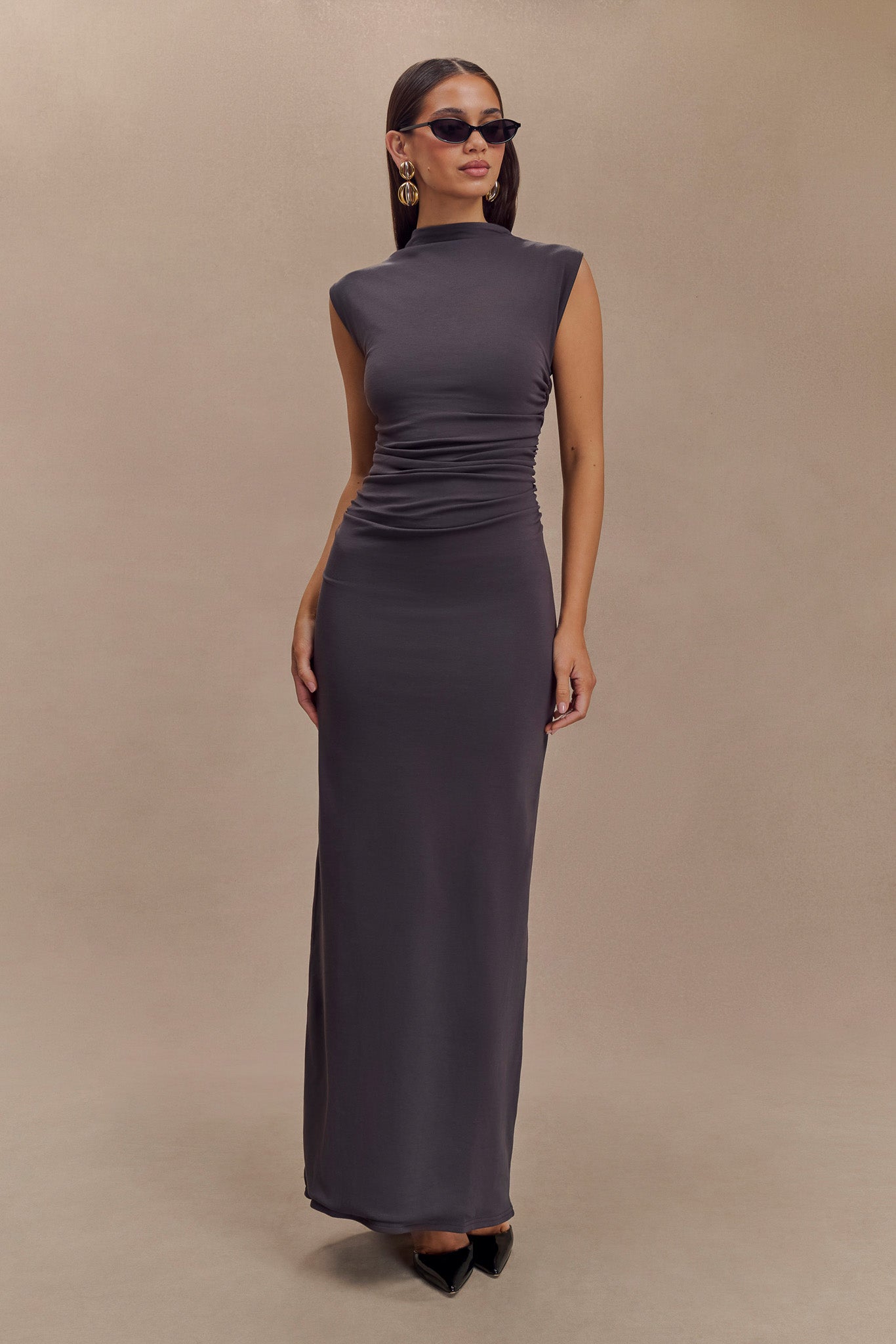 Elliot High Neck Sleeveless Maxi Dress - Dark Charcoal Elegant Evening Gown for Women | Perfect for Weddings, Parties & Special Occasions